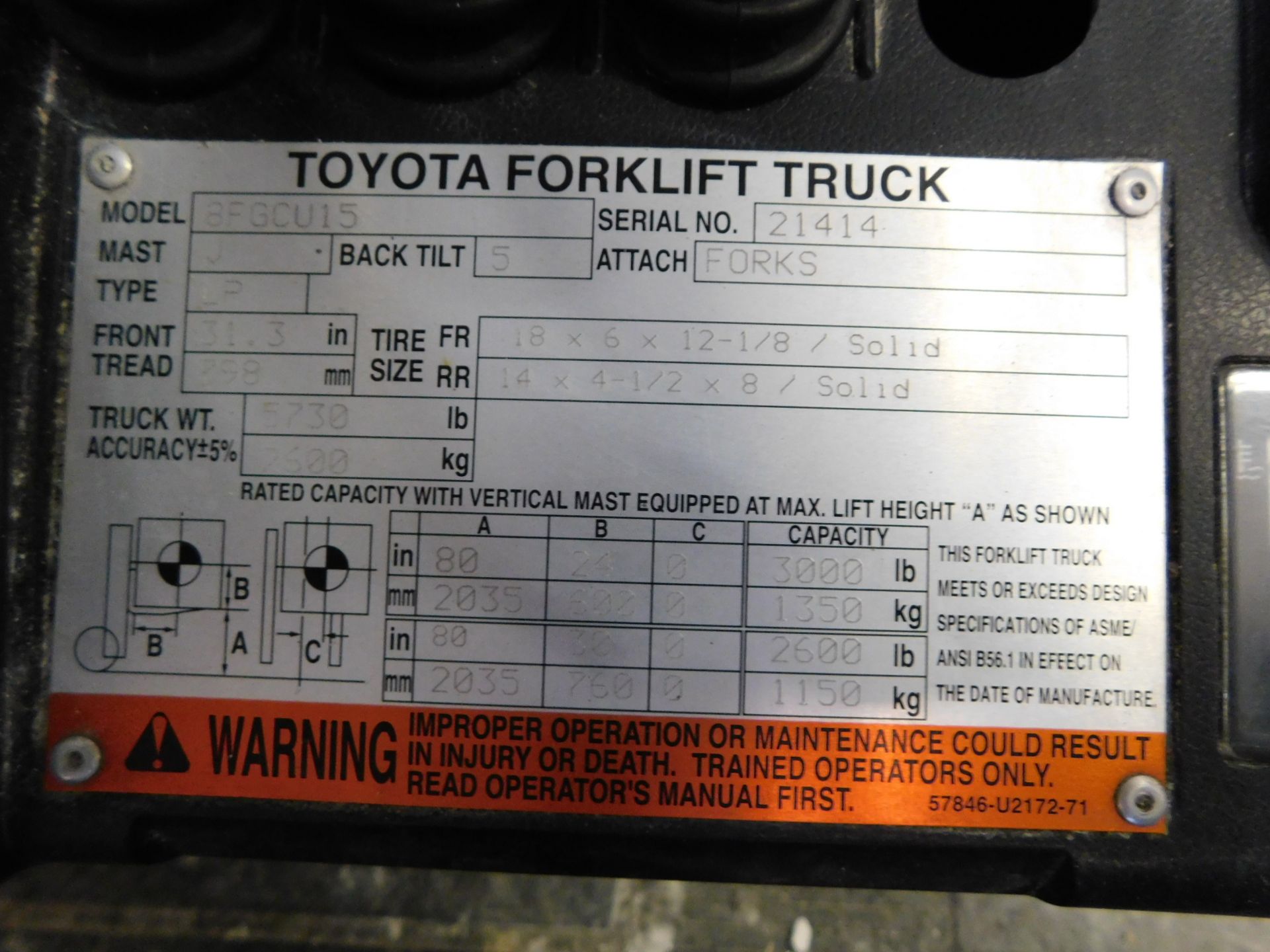 Toyota Model 8FGCU15 Fork Lift, s/n 4 21414, 3,000 Lb. Capacity, LP, Hard Tire, 2-Stage Short - Image 10 of 11