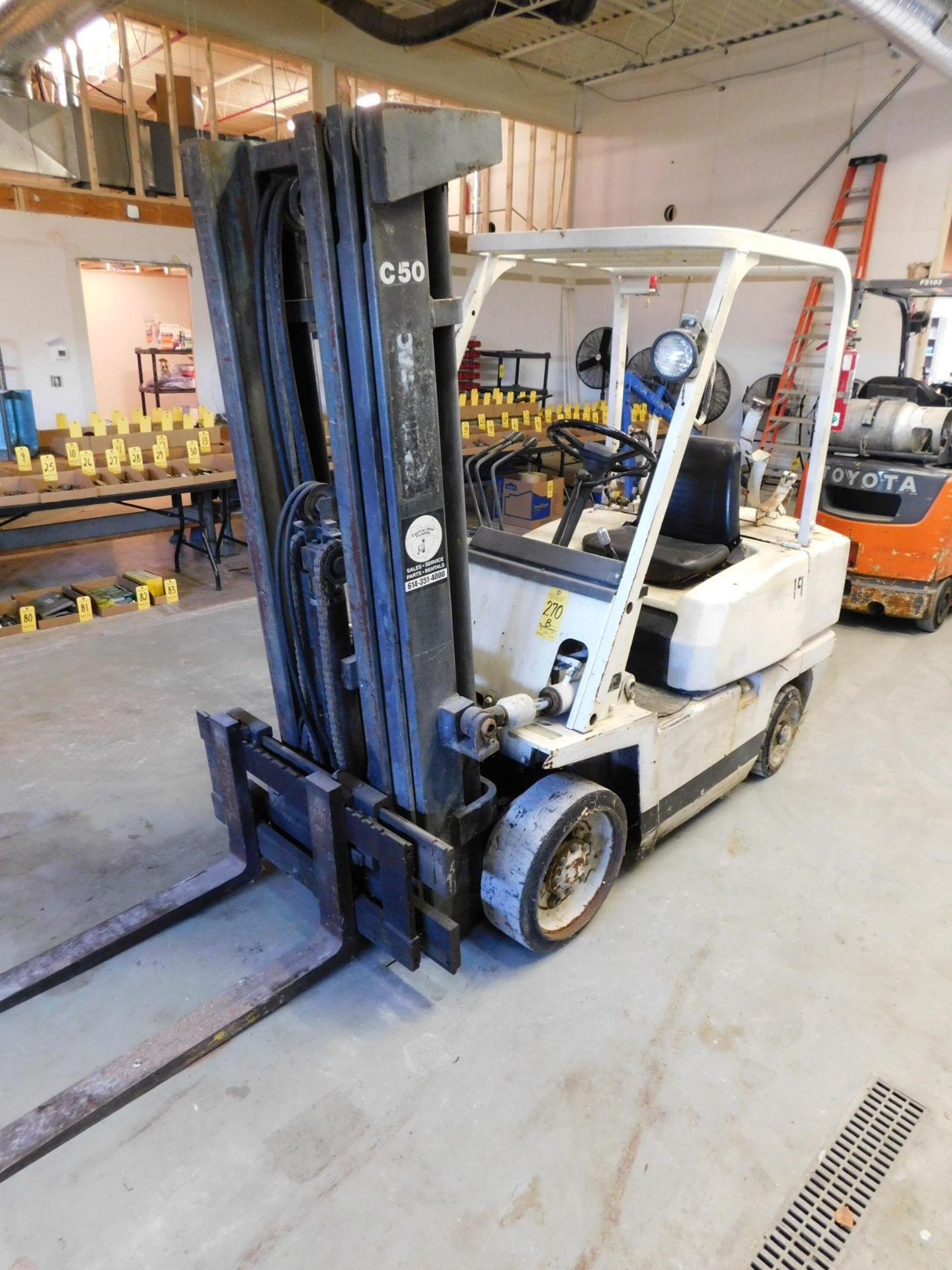 Kalmar Model C50 Fork Lift, s/n 175946A, 4,000 Lb. Capacity, LP, Hard Tire, 3-Stage Mast, Side - Image 3 of 8