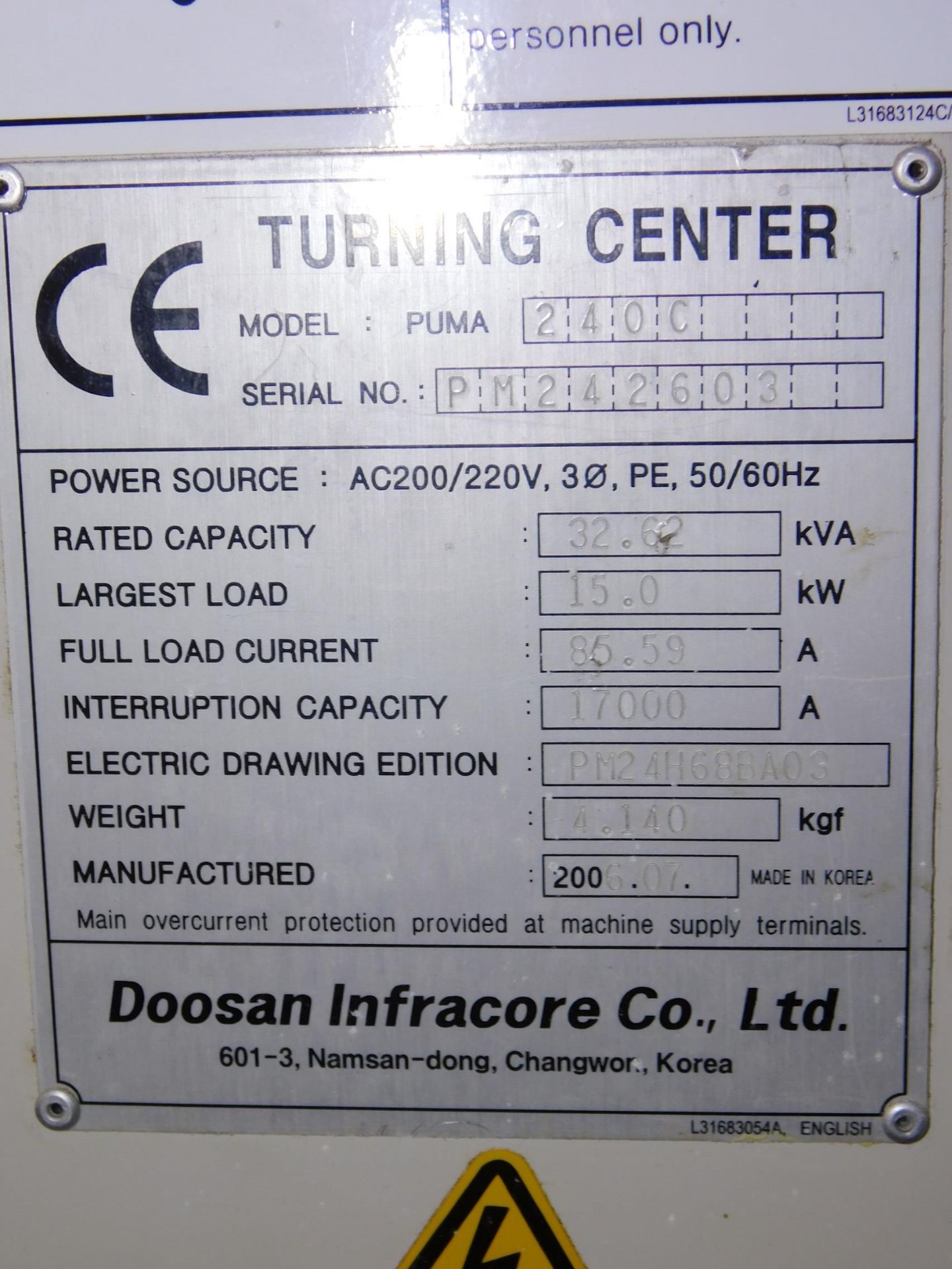 Doosan Model Puma 240C CNC Turning Center, s/n PM242603, New 2006, Fanuc 21i-TB CNC Control, 3” - Image 10 of 10