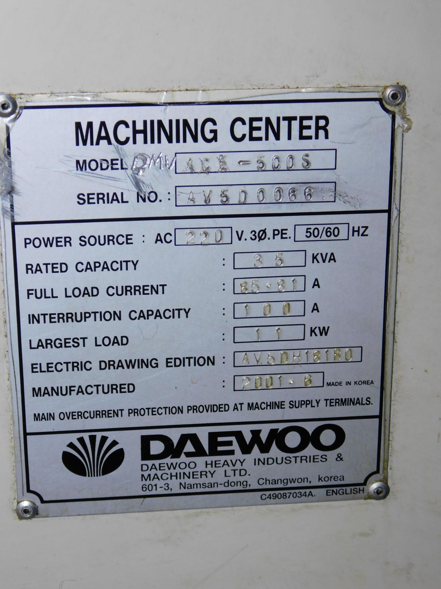 Daewoo Model DMV-500S CNC Vertical Machining Center, s/n AV5D-0066, New 2001, Fanuc 18i-M CNC - Image 10 of 10