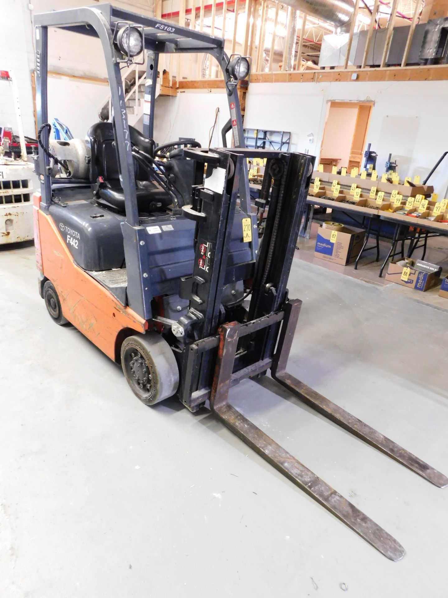 Toyota Model 8FGCU15 Fork Lift, s/n 4 21414, 3,000 Lb. Capacity, LP, Hard Tire, 2-Stage Short - Image 3 of 11