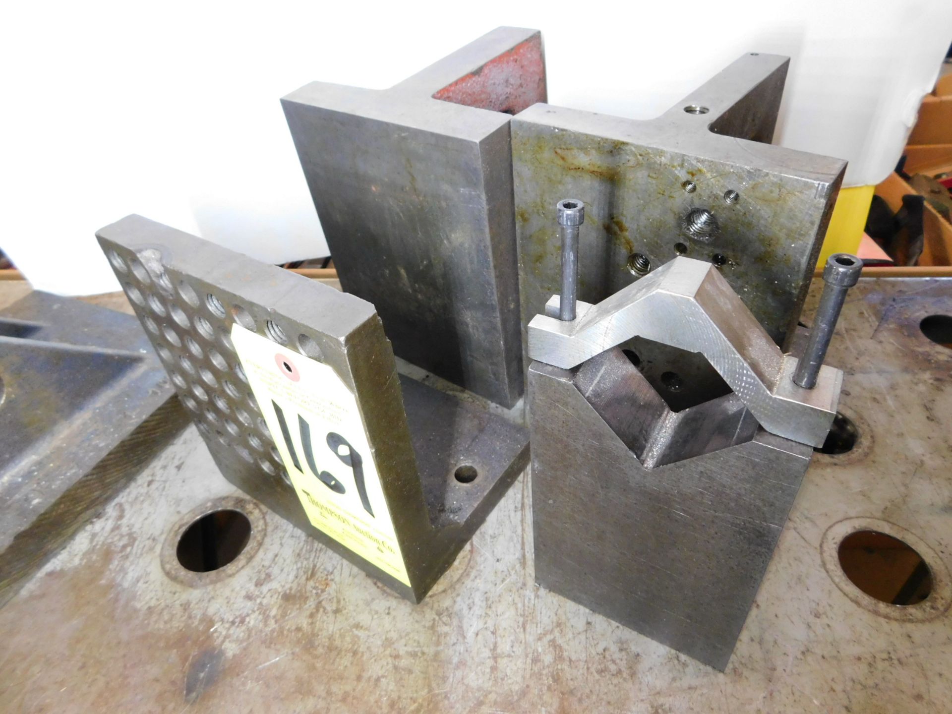 Angle Plates, (2) 8" H X 6" W X 6" Deep, (1) 7" H X 6 1/2" W X 5" Deep, and (1) V-Block