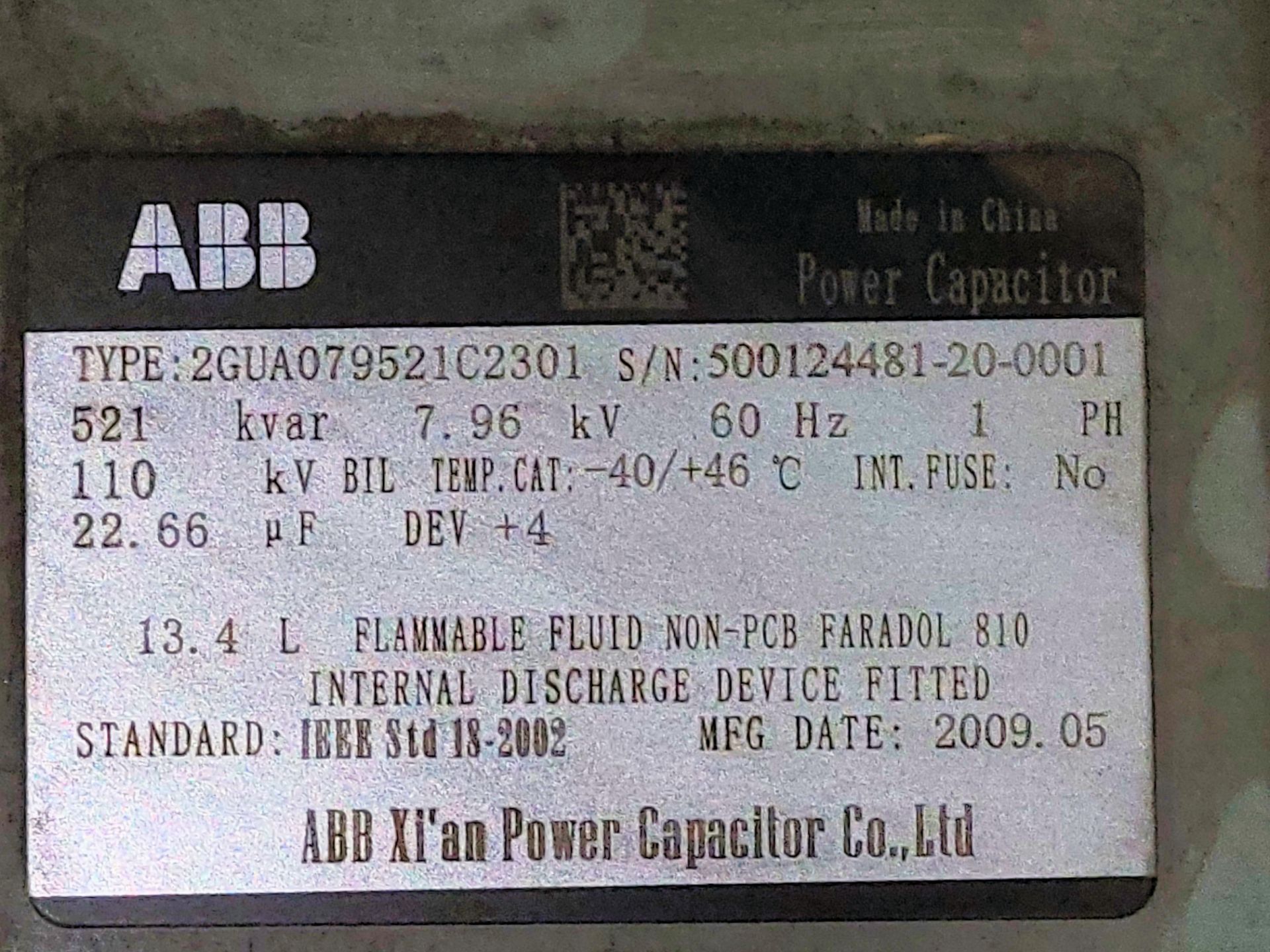 2009 ABB Type 2GUA079521C2301 521-KVAR, 7.96-KV, 110-KVBIL Power Capacitor, S/n 500124481-20-0001 - Image 2 of 2