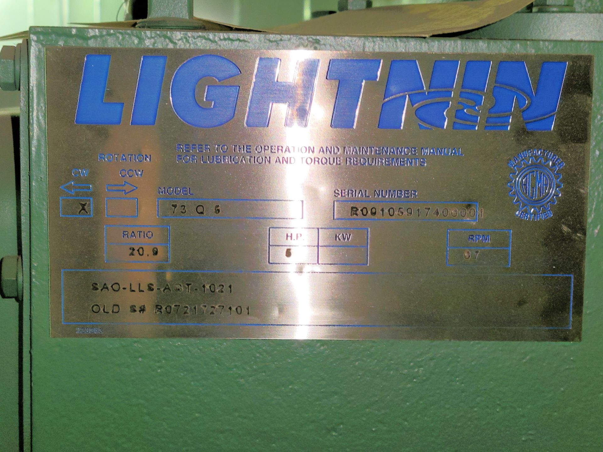 Lightnin Model 73-Q-5 5-HP, 67-RPM, 20.9:1 Ratio Agitator Drive Assembly, S/n R091059174060-01 - Image 2 of 2