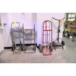 Lot - (4) 2-Wheel Hand Carts and (1) 2-Wheel Barrel Cart