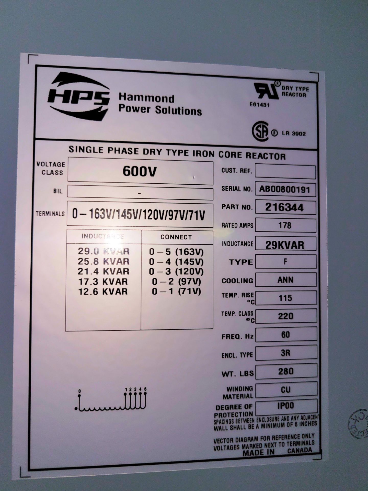 HPS No. 216344 600-V, 178-Amp Single Phase Dry Type Iron Core Reactor, S/n AB00800191, 3R Enclosure, - Image 2 of 2