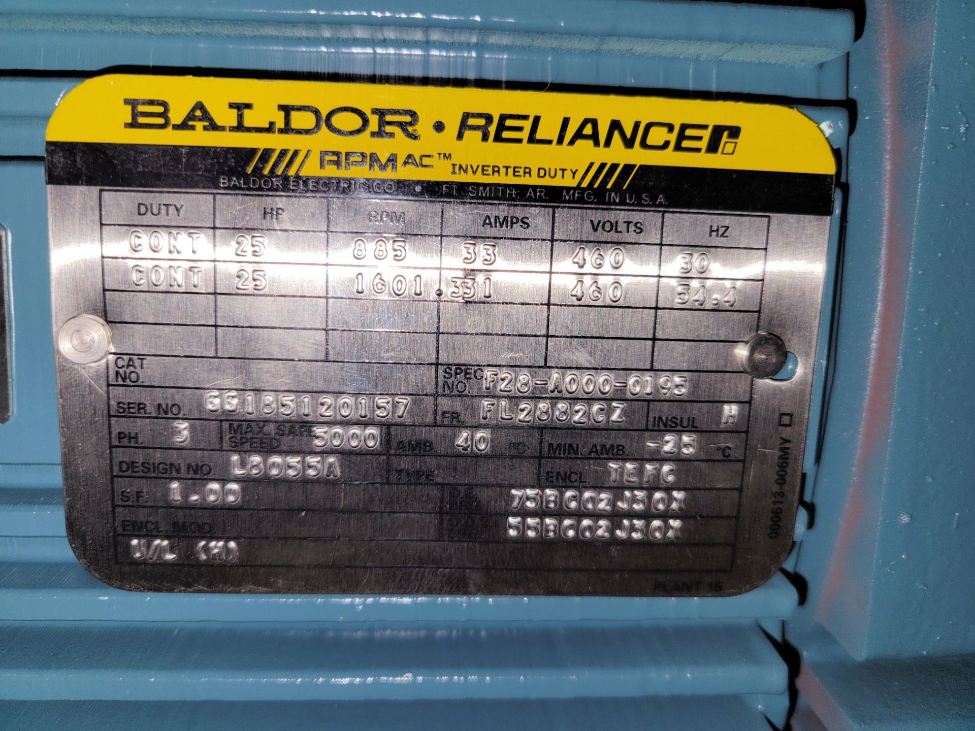 Baldor 25-HP, 885-RPM, FL2882CZ Frame AC Inverter Vector Motor - Image 2 of 2