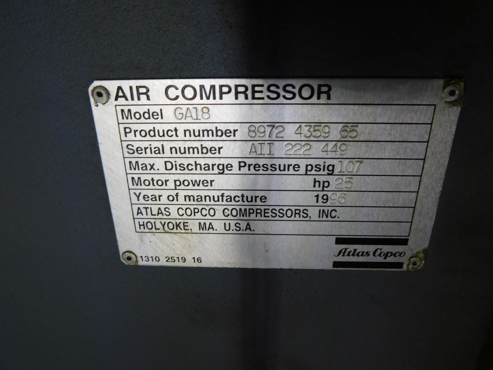 Atlas Copco GA18 Rotary Screw Air Compressor, s/n 8972-4359-65, 25 HP, PLC Control, Not in Service - Image 7 of 7