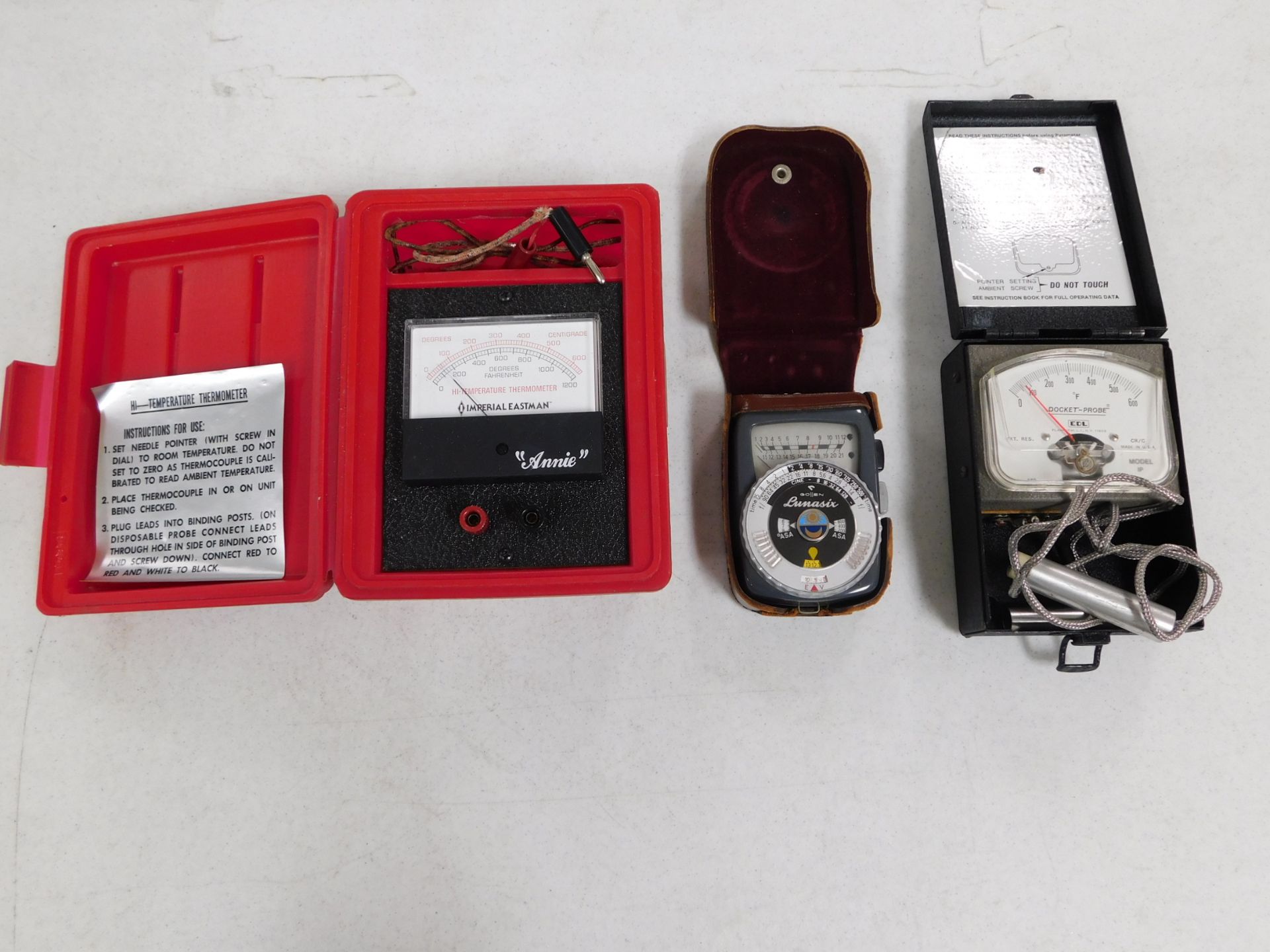 EPL Pocket Probe Pyrometer, Gossen Lumasix Light Meter, and Annie A-15 Hi-Temperature Thermometer