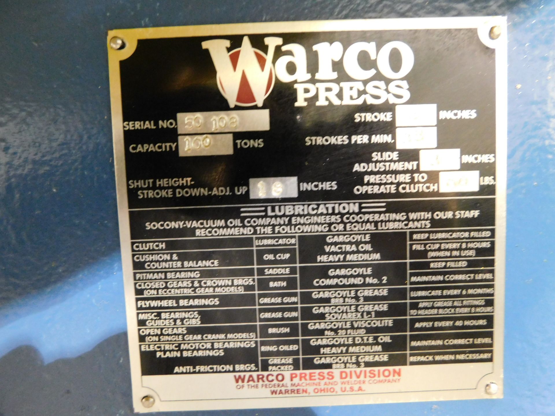 Warco Model 100-2-60C Straight Side Press, s/n 50-108, 100 Ton Capacity, 8" Stroke, 3" Adjustment, - Image 8 of 11