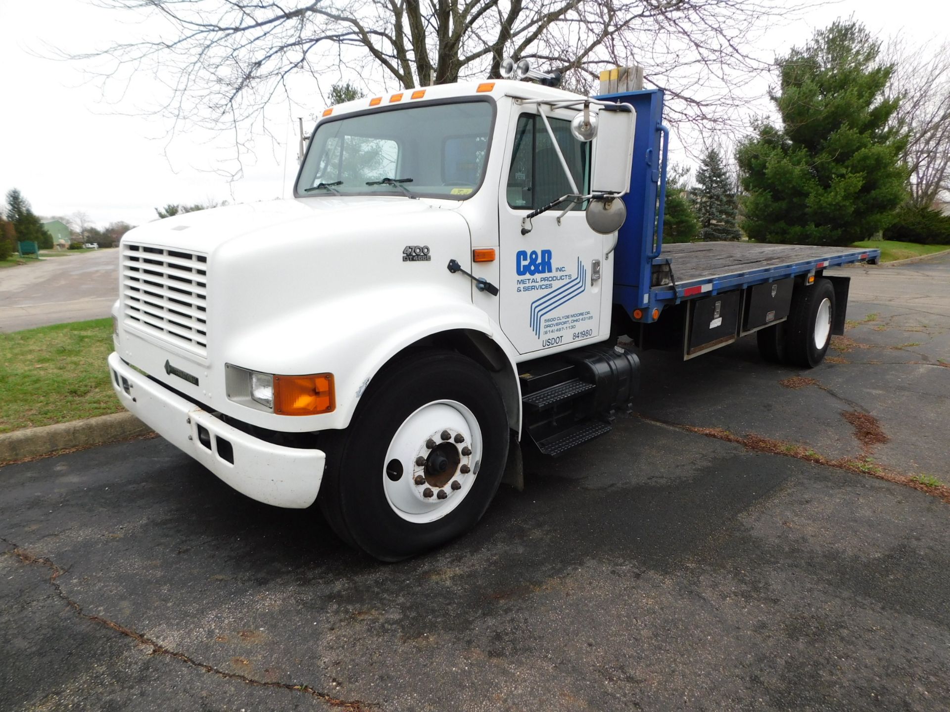 2000 International 4700/DT466E Single Axle Stake Bed Truck, VIN 1HTSCAAL9YH269953, Diesel, 6-Speed