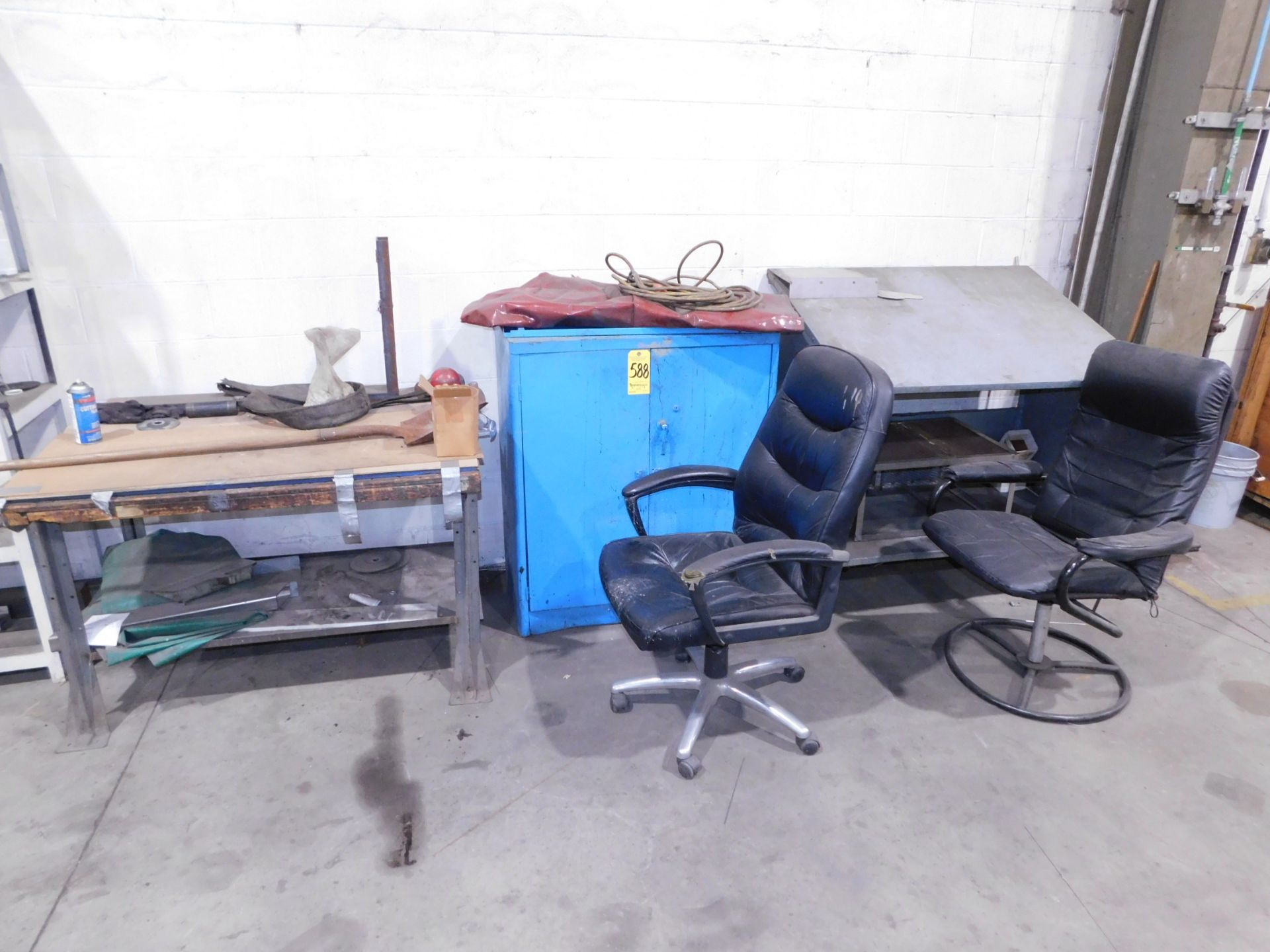 2-Door Metal Cabinet, Foremans Desk, Workbench and Chairs