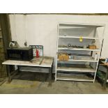 Metal Shelving Unit and Contents, and Workbench and Contents, and (2) Stock Stands