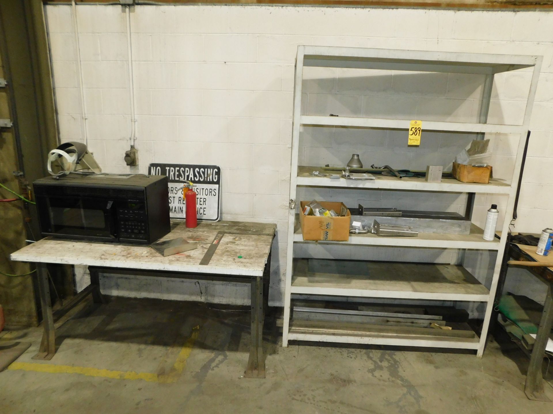 Metal Shelving Unit and Contents, and Workbench and Contents, and (2) Stock Stands