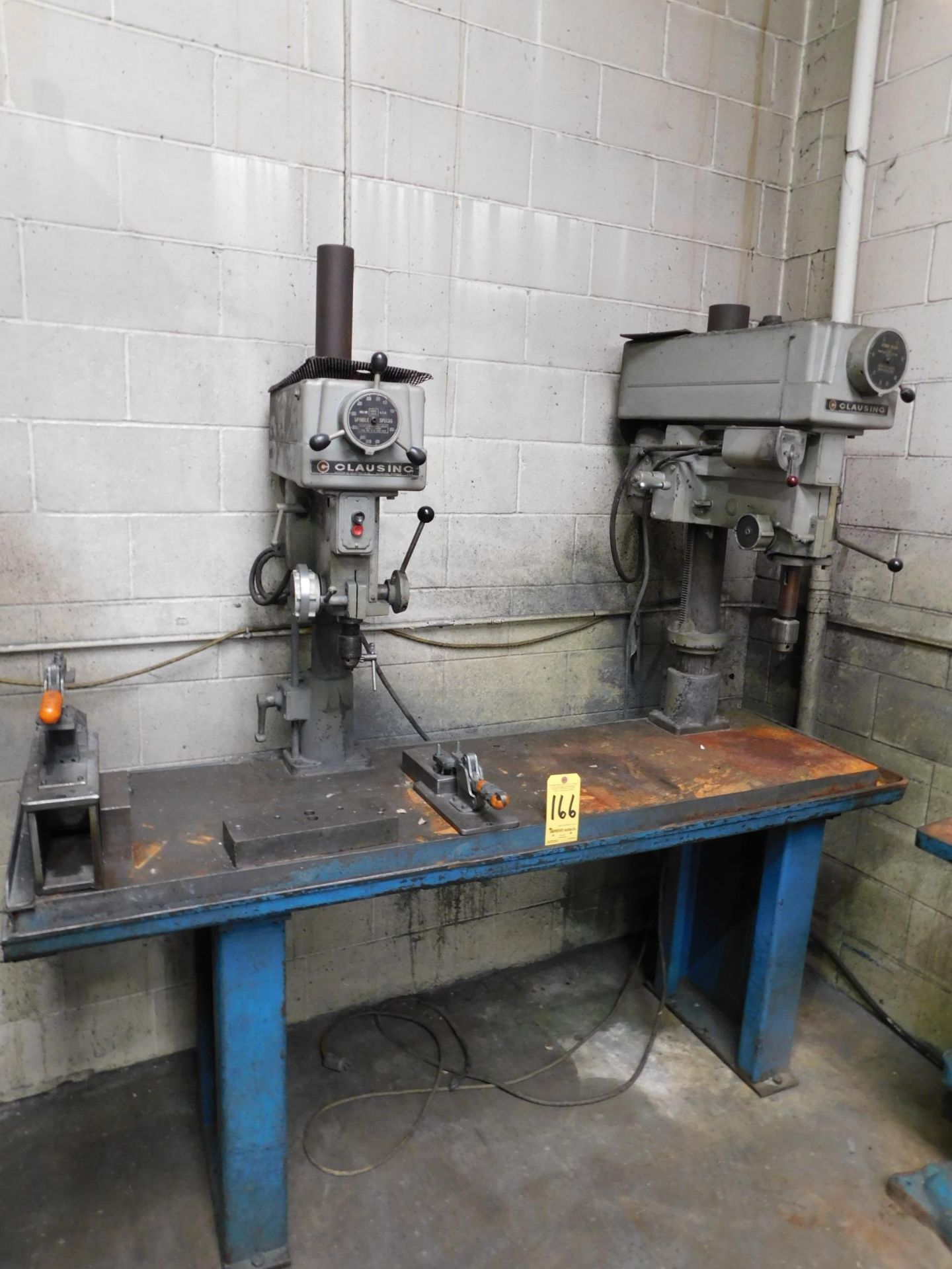 Clausing 2-Spindle Drill Press, (1) 15" Head, (1) 20" Head, Mounted on 20" X 72" Table