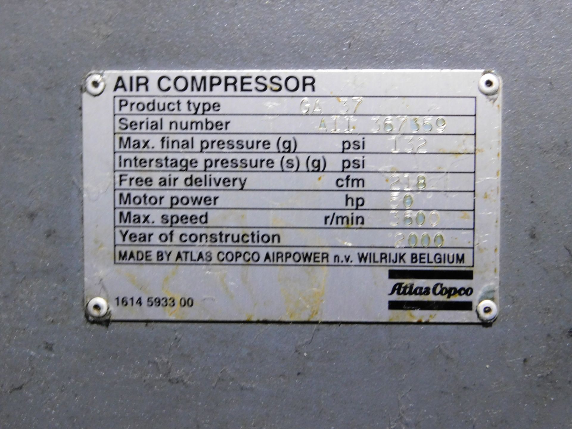 Atlas Copco Model GA37 Rotary Screw Air Compressor, s/n AII367359, 50 HP, 218 CFM at 132 PSI - Image 4 of 4