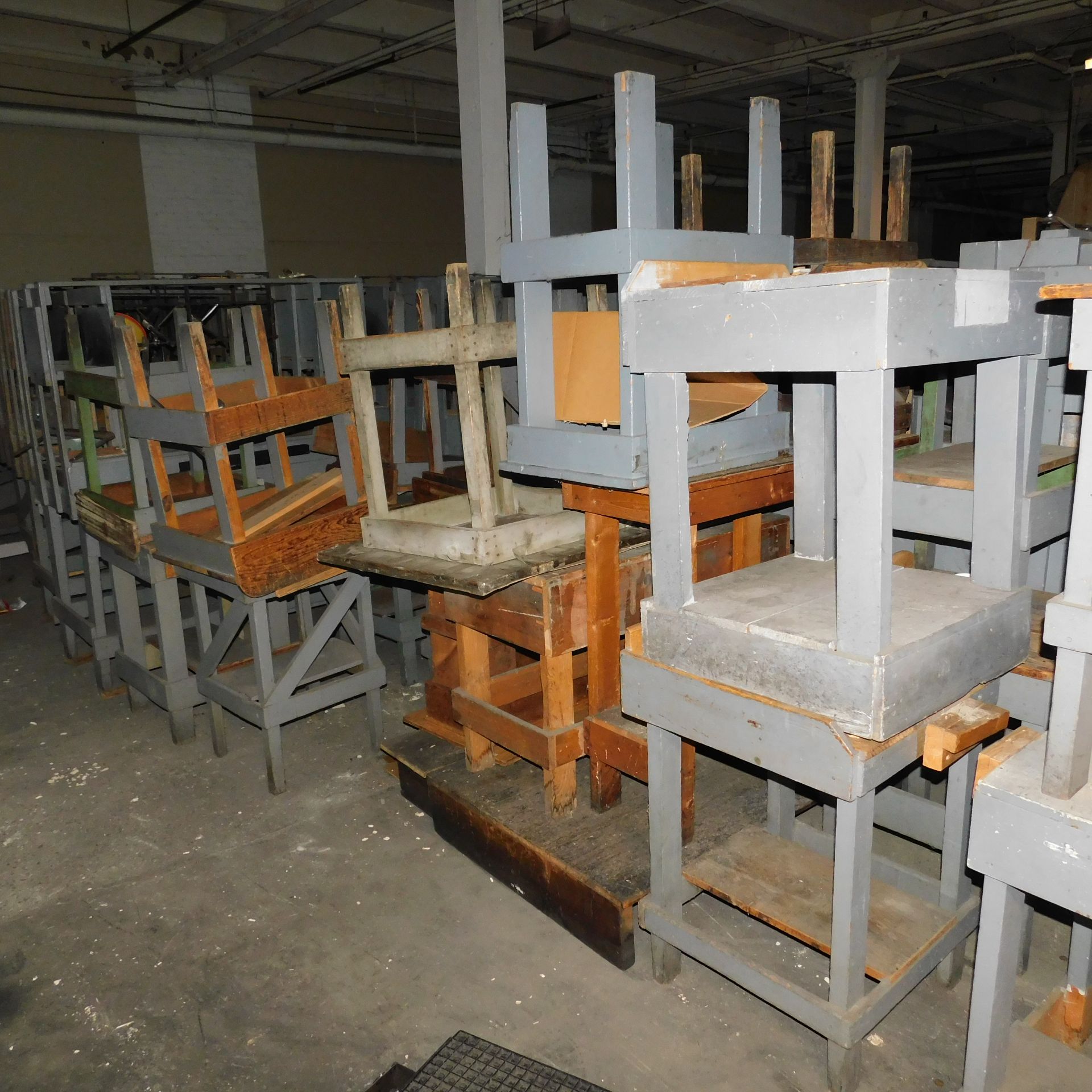 Large Quantity Wooden Tables, Work Stations, Tables, Stands