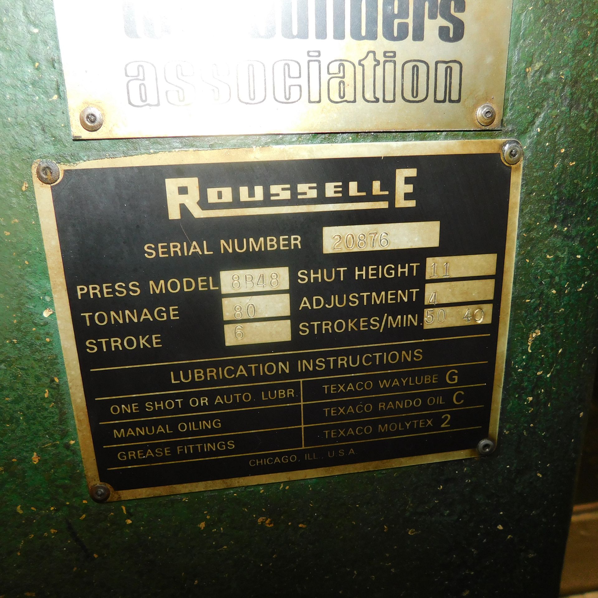 Rousselle Model 8B-48 Gap Frame Punch Press, s/n 20876, 80 Ton, 6" Stroke, 4" Adjustment, 11" Shut - Image 3 of 7