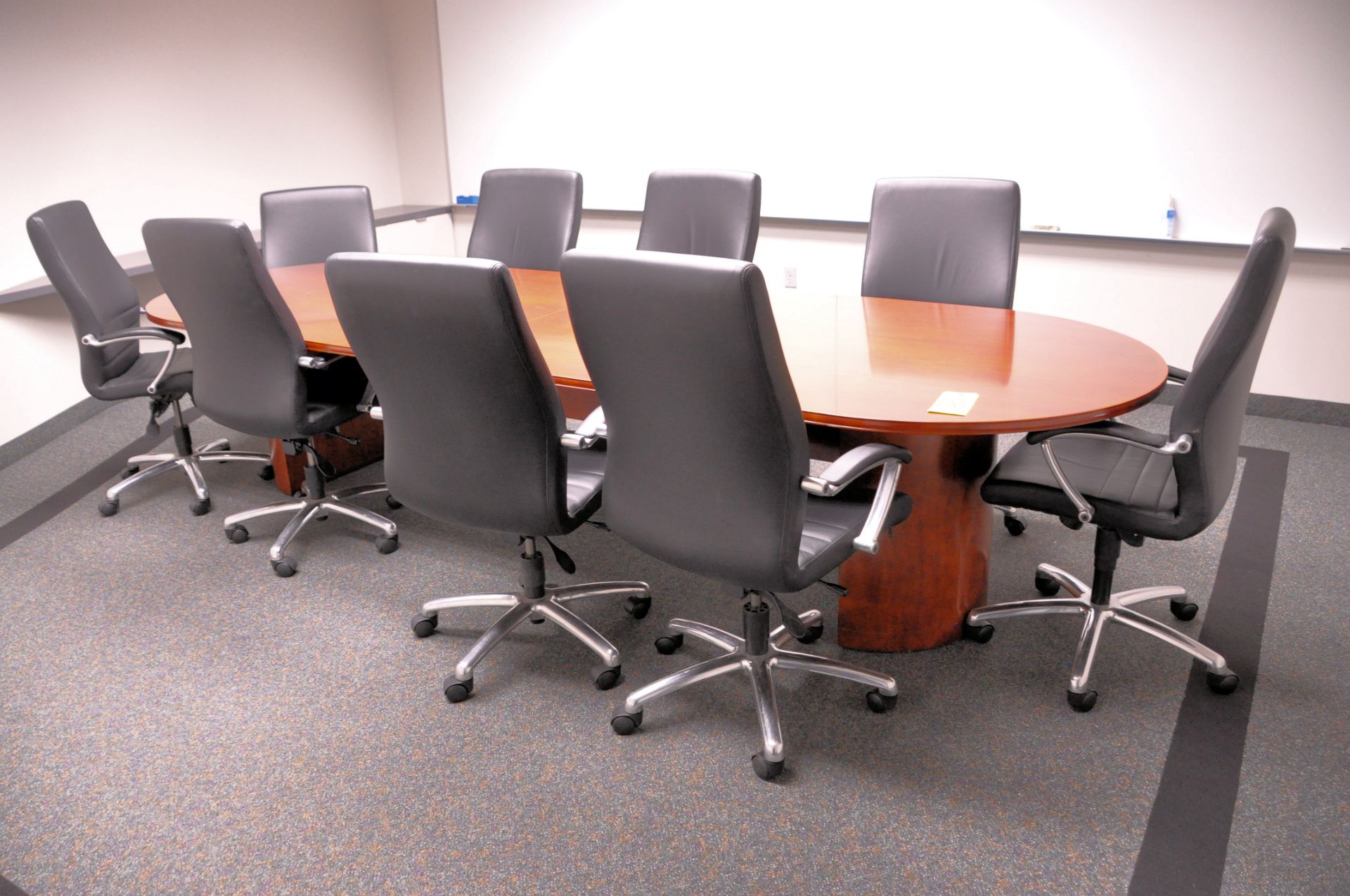 Lot-(1) 2-Piece 48" x 144" Oval Conference Table with (9) Black Swivel Office Chairs in (1) Room, (