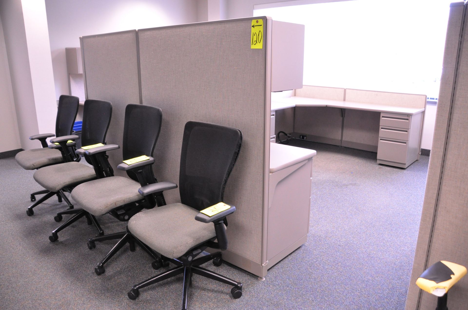 Lot-(1) 3-Station Cubicle Partition Work System with Overhead Cabinets, (No Chairs), (Located 2nd