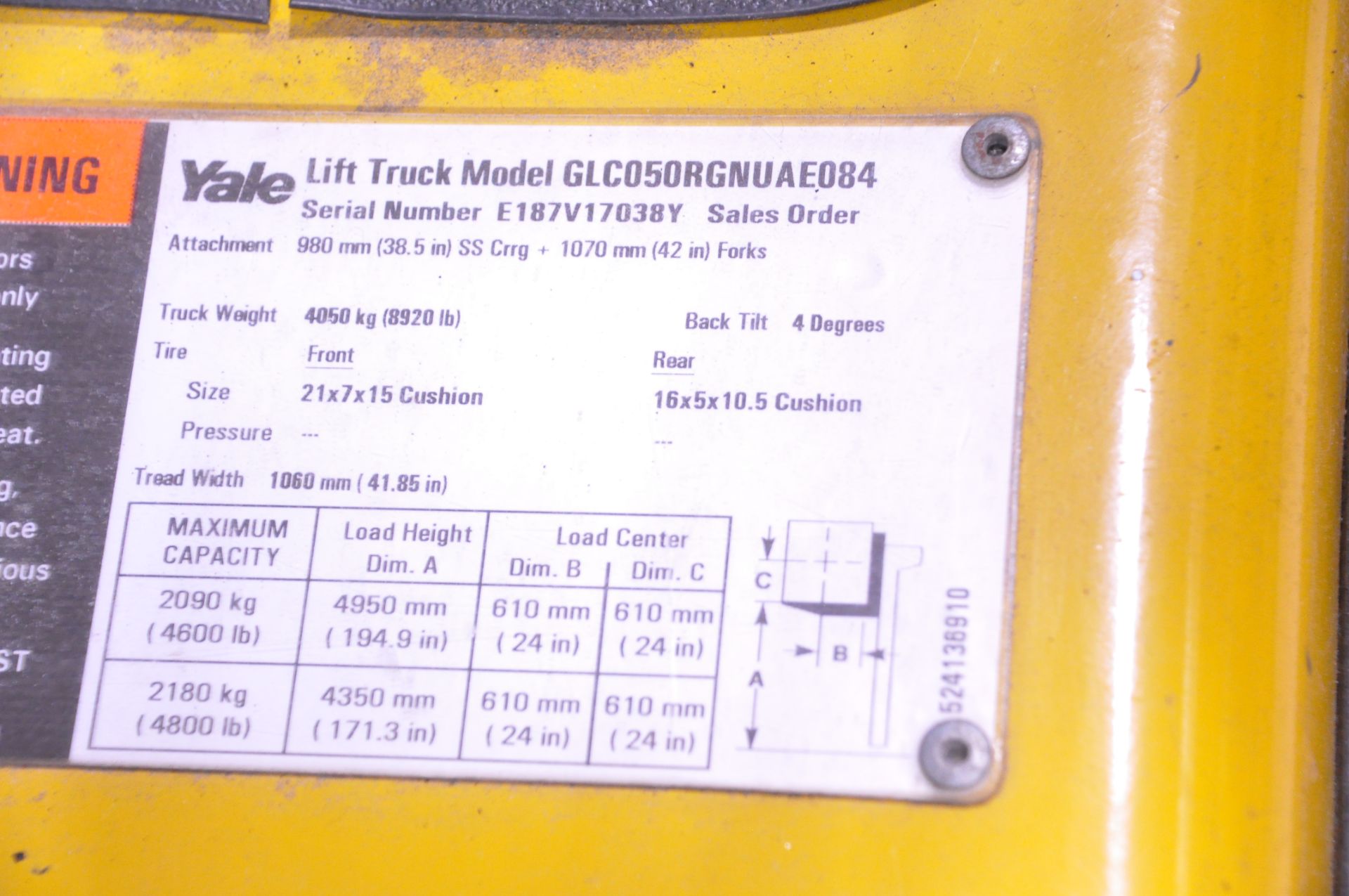 Yale Model GLC050RGNUAE084, 4,800-Lbs. x 194.9" Lift Capacity, LP Gas Fork Lift Truck, 224 Hours - Image 7 of 7