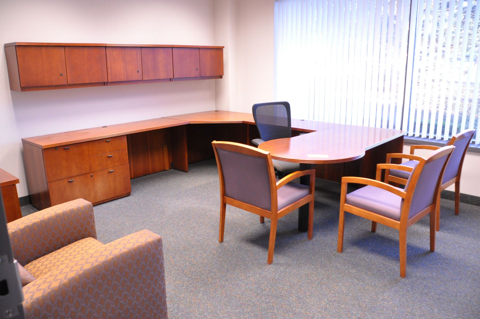 Lot-(1) Sectional Desk with Overhead Cabinets, (1) 2-Drawer Lateral File Cabinet, and (5) Various