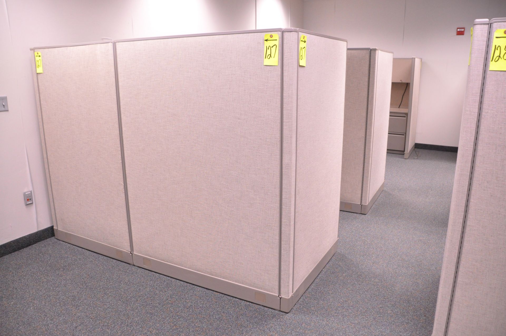 Lot-(1) 3-Station Cubicle Partition Work System with Overhead Cabinets, (No Chairs), (Located 2nd