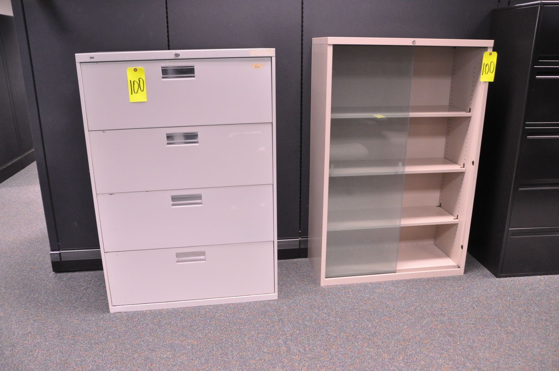 Lot-Wood 4-Shelf Bookcase, (1) 2-Glass Door Bookcase, (1) 4-Drawer Lateral File Cabinet, (Beige), - Image 2 of 3