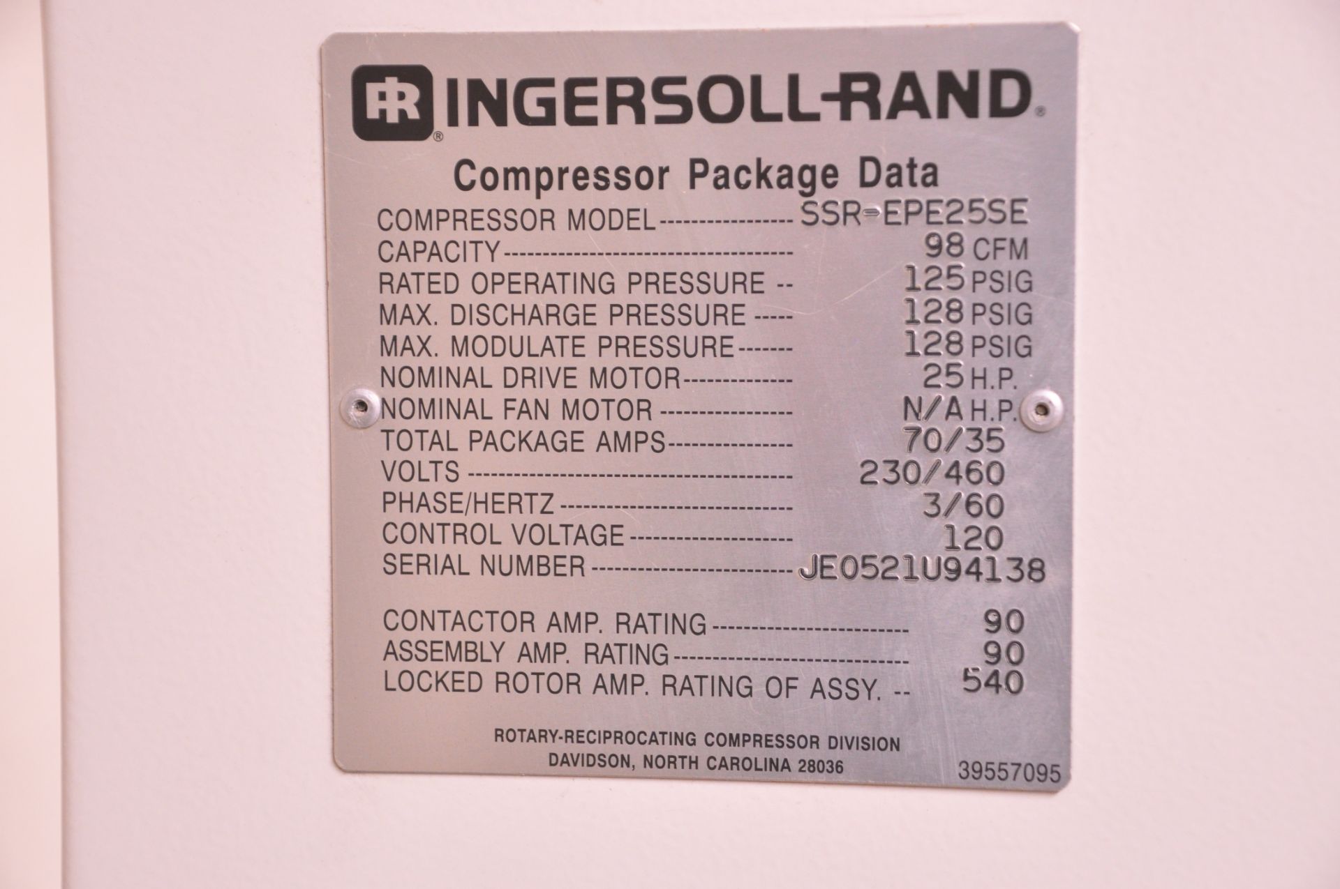 Ingersoll Rand Model SSR-EPE25SE 25-HP, 125-PSI, 98-CFM Rotary Screw Package Air Compressor, S/n - Image 4 of 4