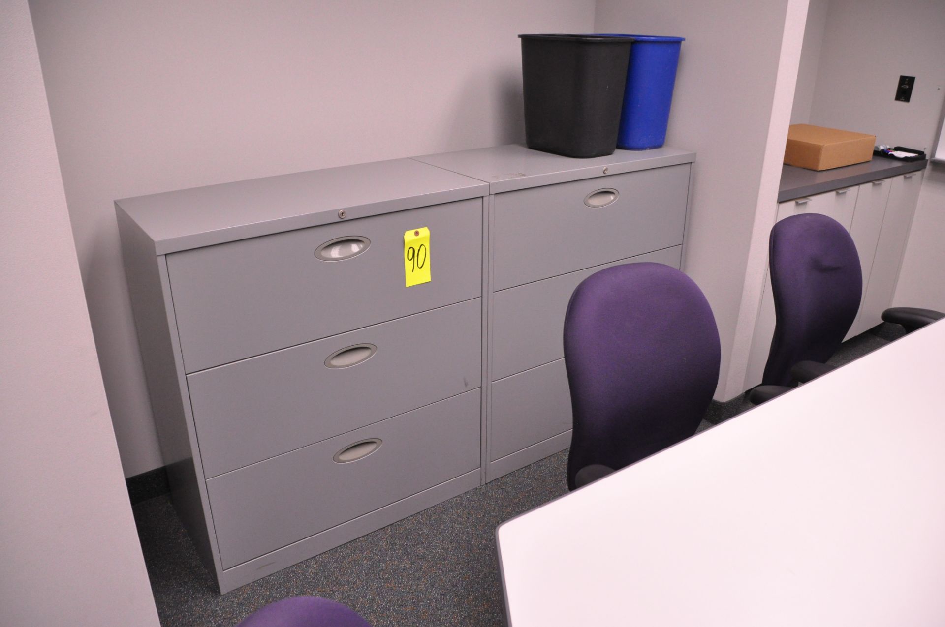 Lot-(2) 3-Drawer Lateral File Cabinets and (2) Waste Baskets, (Located 1st Floor Offices)