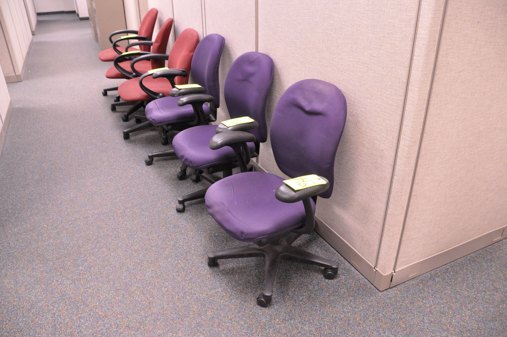 Lot-(3) Purple and (3) Red Upholstered Swivel Arm Office Chairs in (1) Group, (Located 2nd Floor