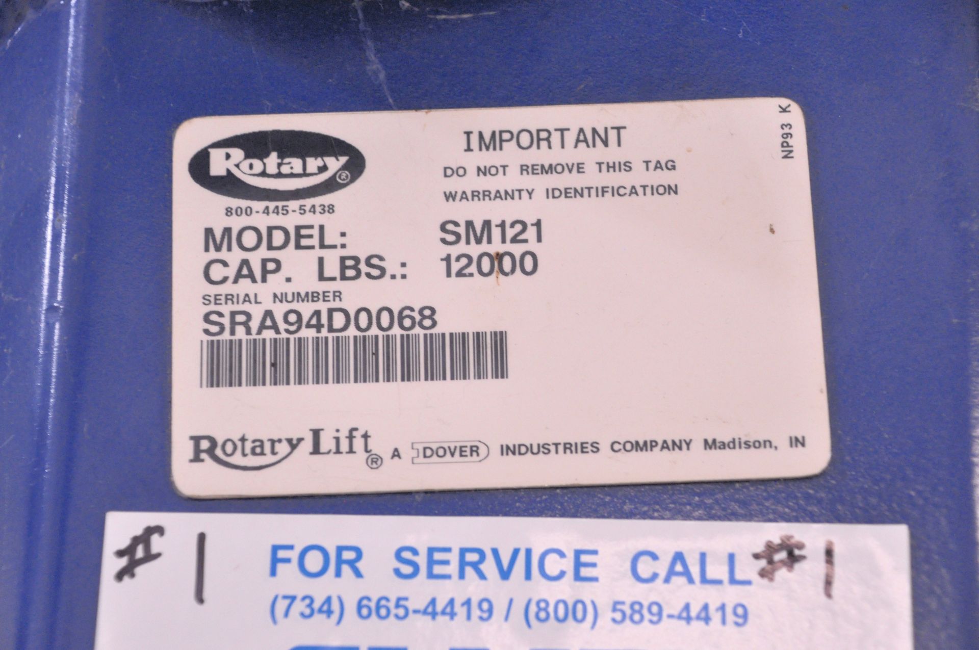 Rotary Lift Model SM121, 12,000-Lbs. Capacity 4-Post Hydraulic Vehicle Lift, S/n SRA94D0068, 2-HP, - Image 7 of 7