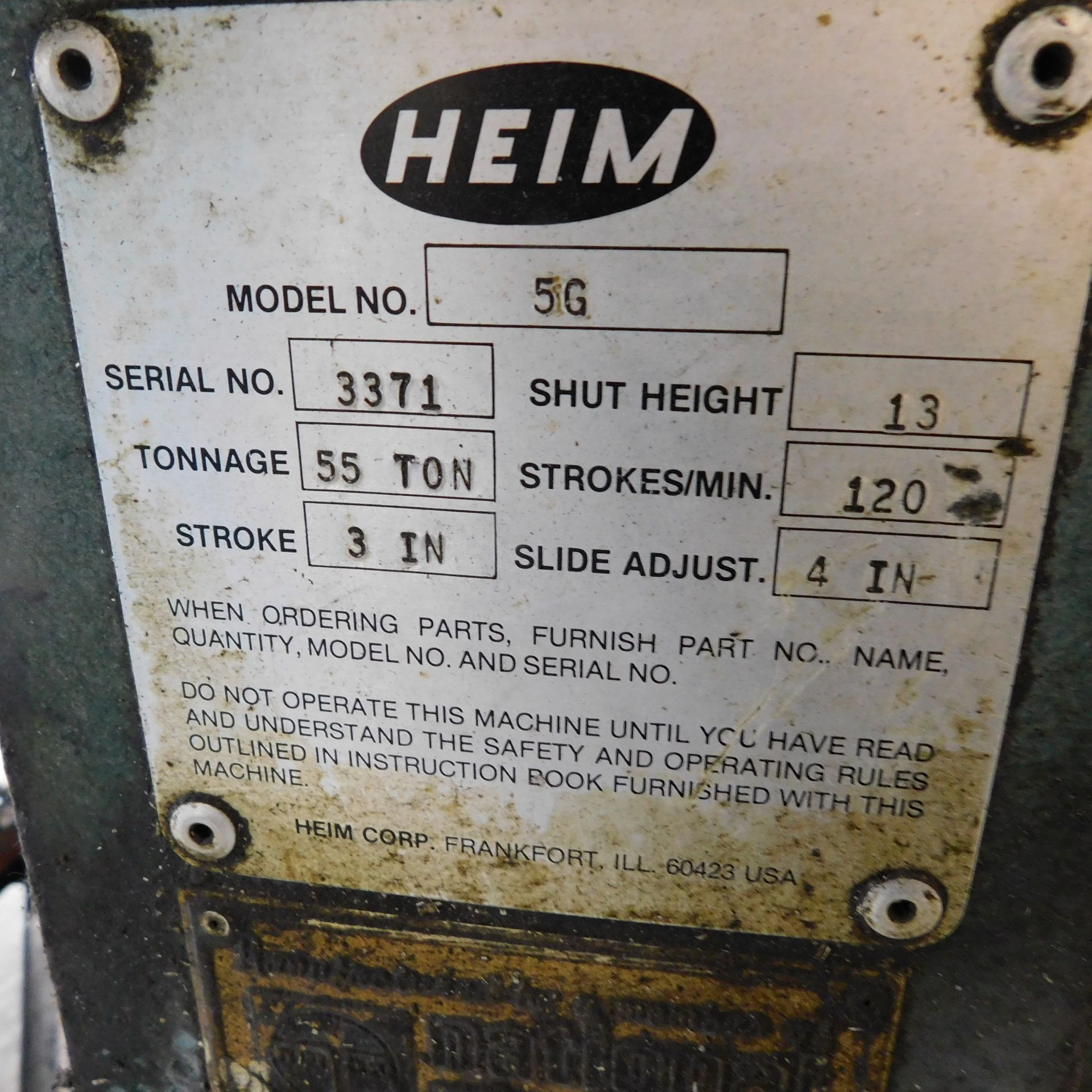Heim Model 5G OBI Punch Press, s/n 3371, 55 Ton, 3" Stroke, 13" Shut Height, 120 SPM, 27 3/4" X - Image 4 of 9