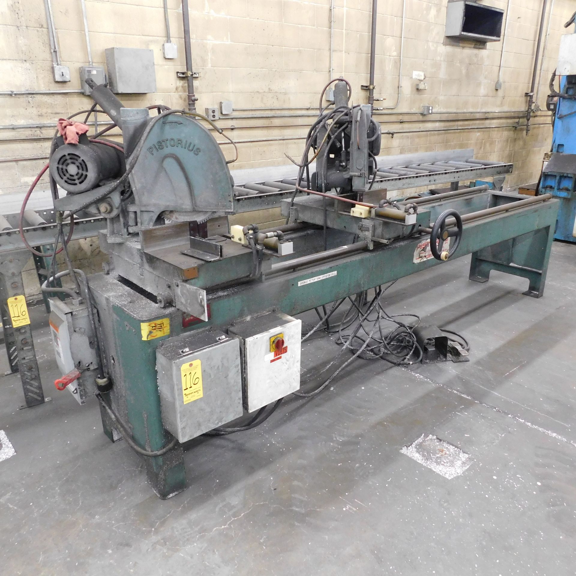 Pistorius Double Head Miter Cut Saw, Model DC12P, s/n 188938, 3 HP, with Hammond Chip Collector