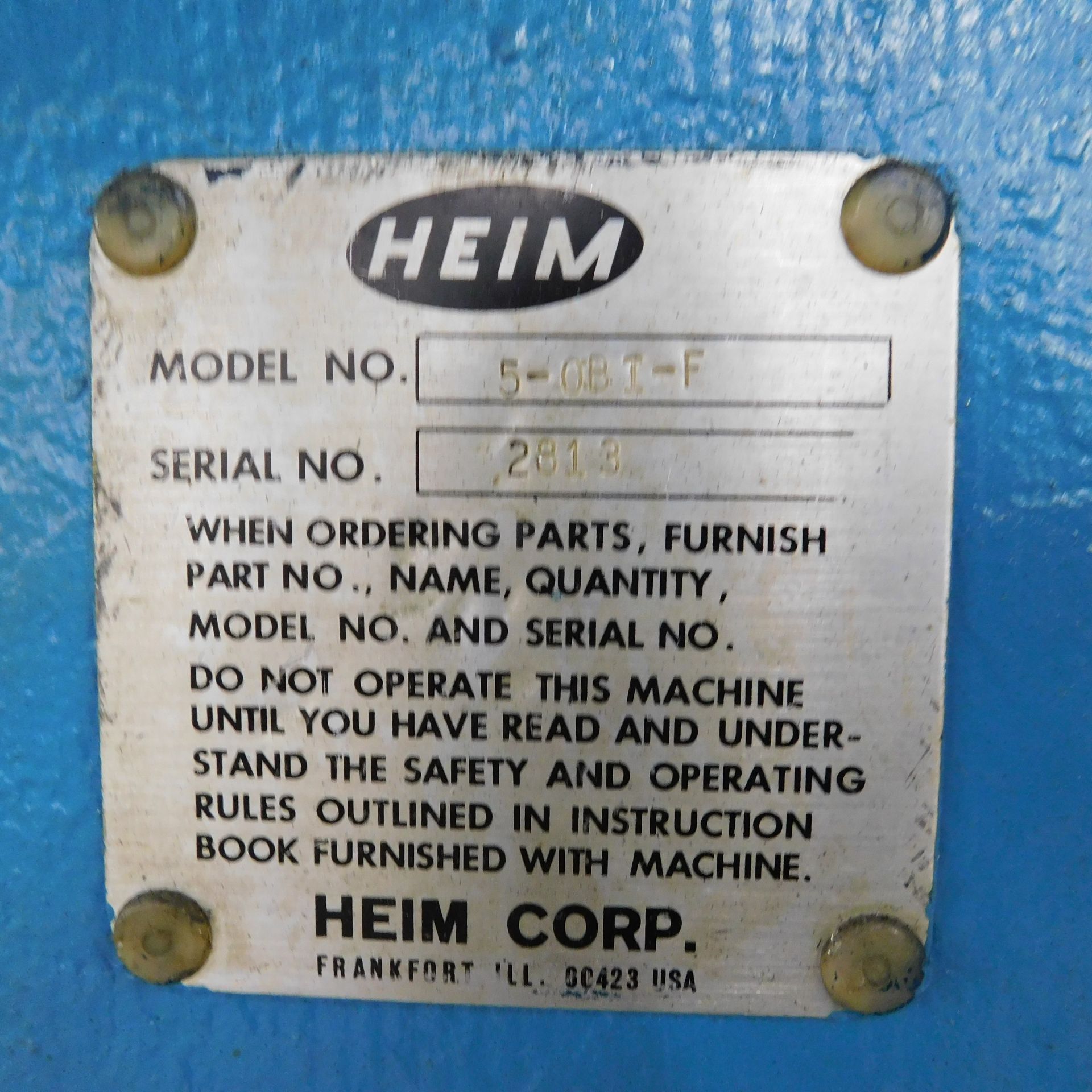 Heim Model 5 OBI-F OBI Punch Press, s/n 2813, 55 Ton, 3" Stroke, 13" Shut Height (SDAU), 4" - Image 7 of 7