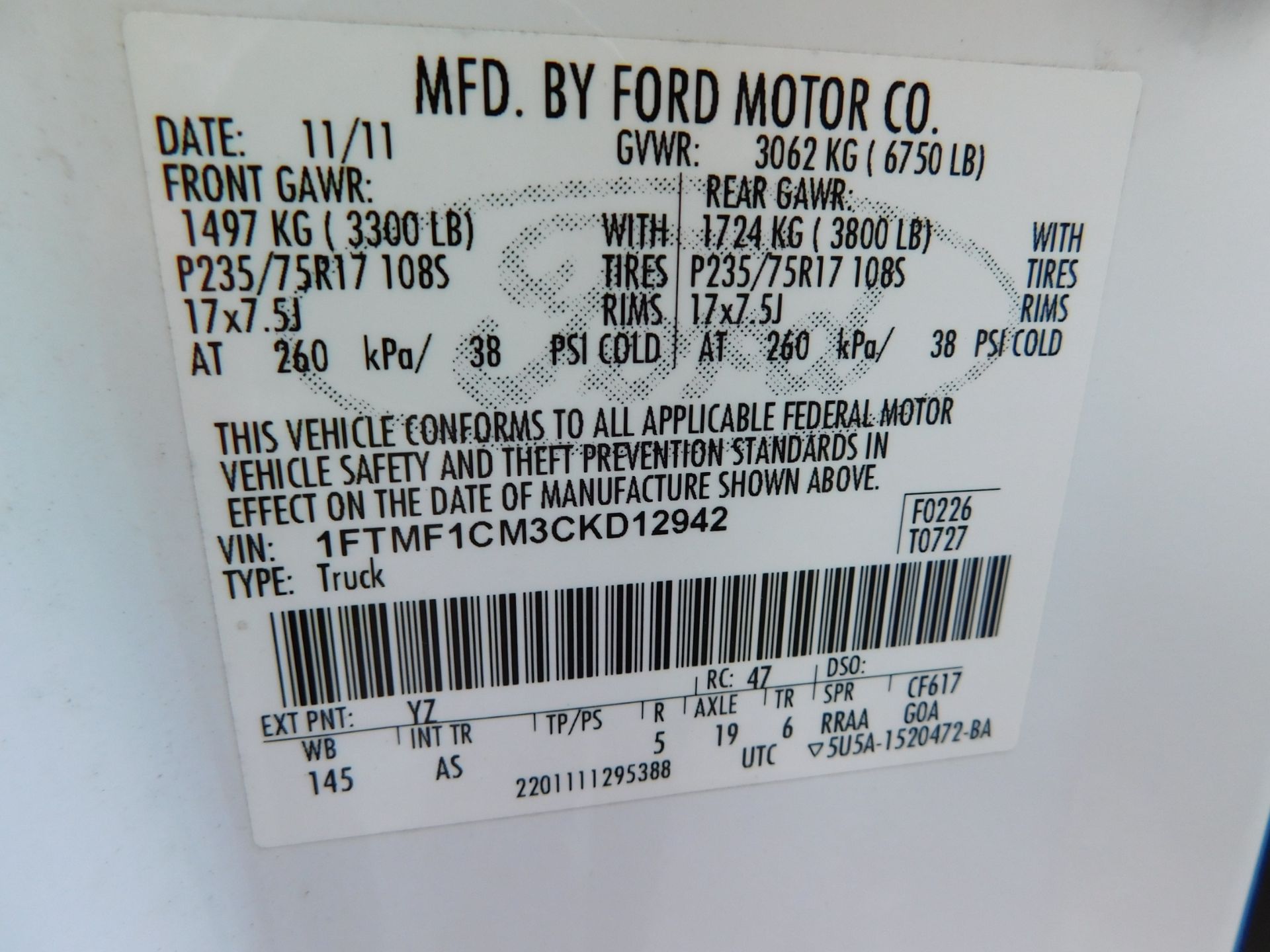 2011 Ford Pick up F-150XL vin 1FTMF1CM3CKD12942, Automatic Transmission, PW, Pl, 8'Bed w/Cap 146,289 - Image 39 of 46