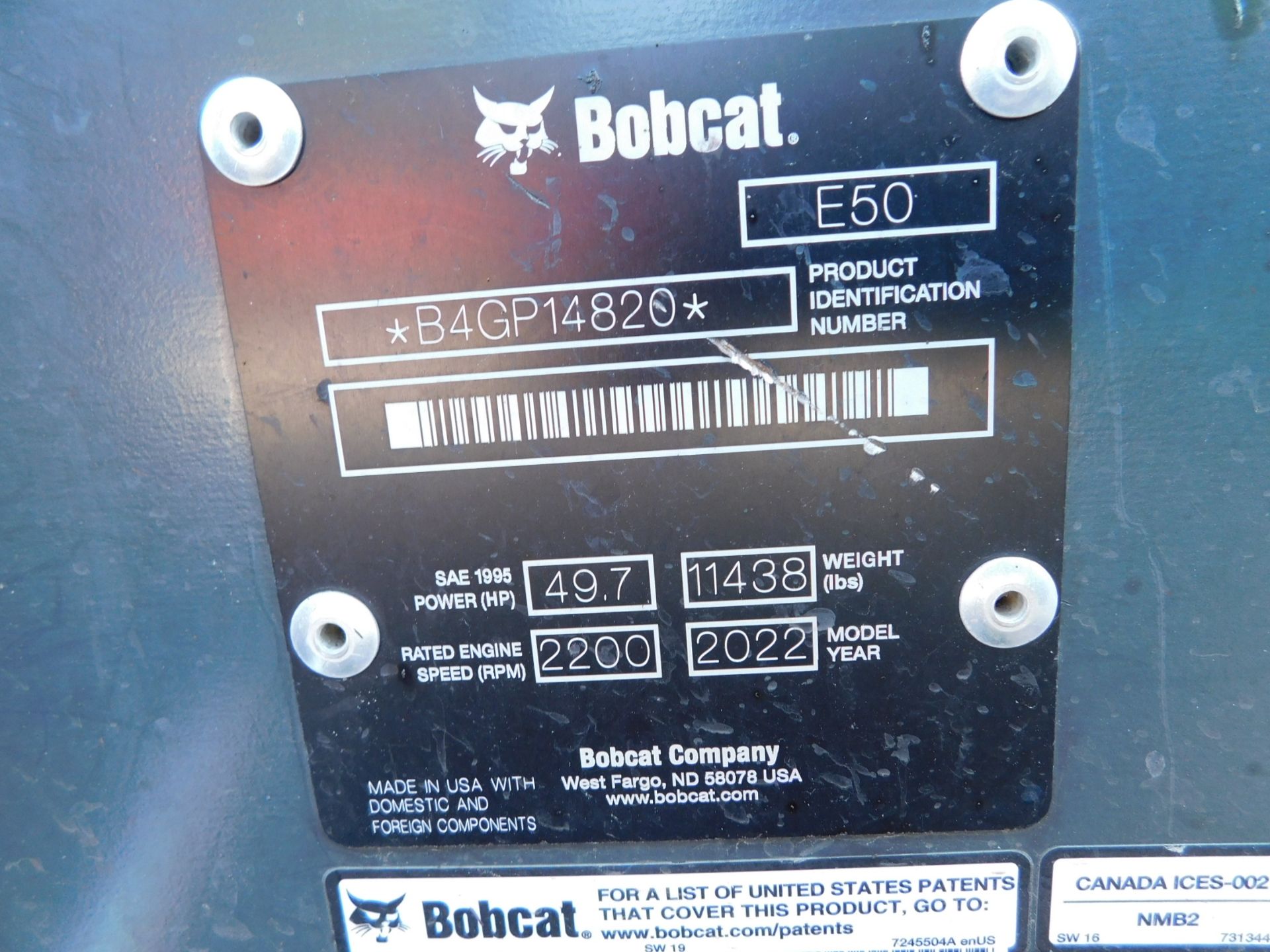 2022 Bobcat Model E-50 R-2 Series Mini Excavator sn BPGP14820, Enclosed Cab, Heat & AC, 24" - Image 24 of 40