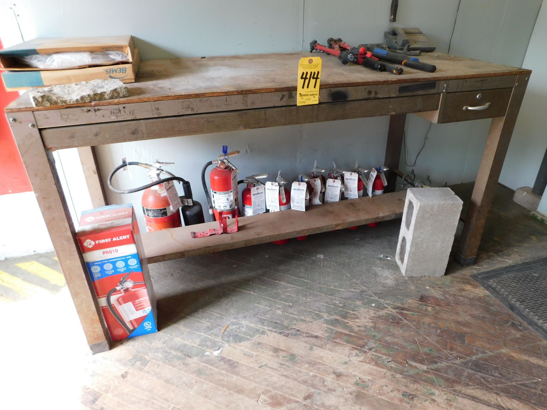 Bench & Contents of Fire Extinguisher, Hammer, & Bolt Cutter