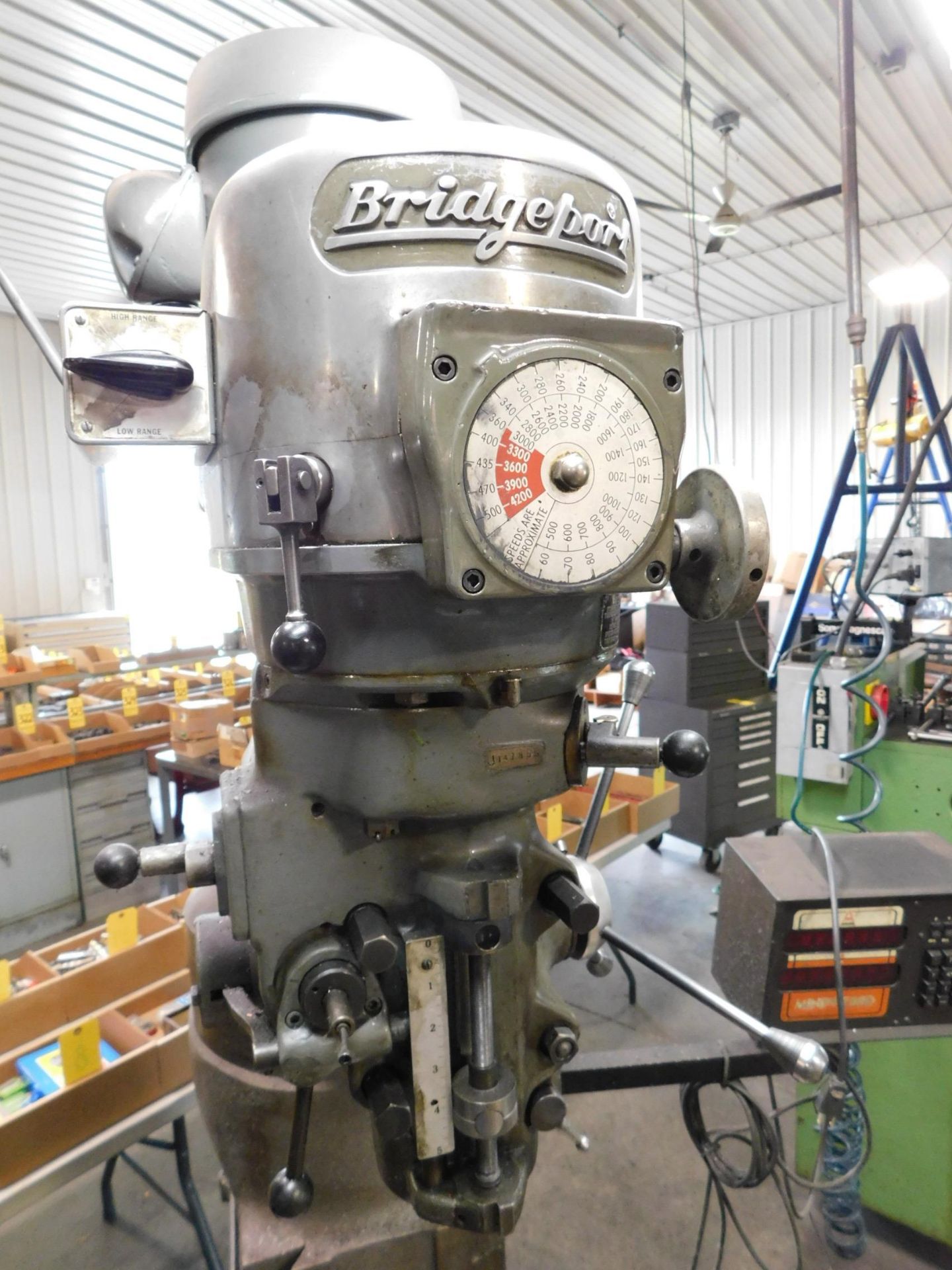 Bridgeport 1 1/2 H.P. Variable Speed Vertical Mill sn#12BR143491,9"X42" Table, 4"Riser Block, Amilam - Image 6 of 10
