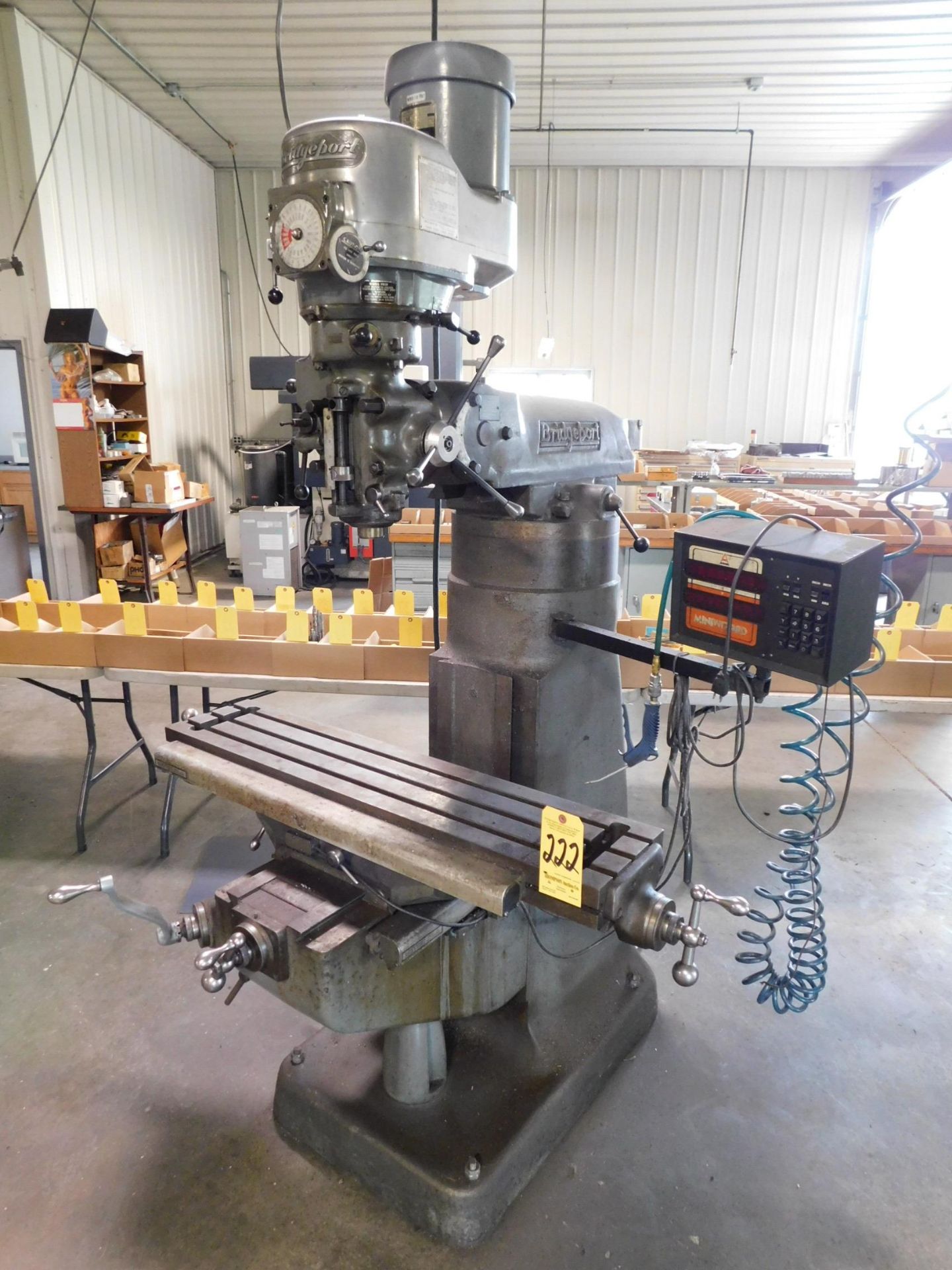 Bridgeport 1 1/2 H.P. Variable Speed Vertical Mill sn#12BR143491,9"X42" Table, 4"Riser Block, Amilam