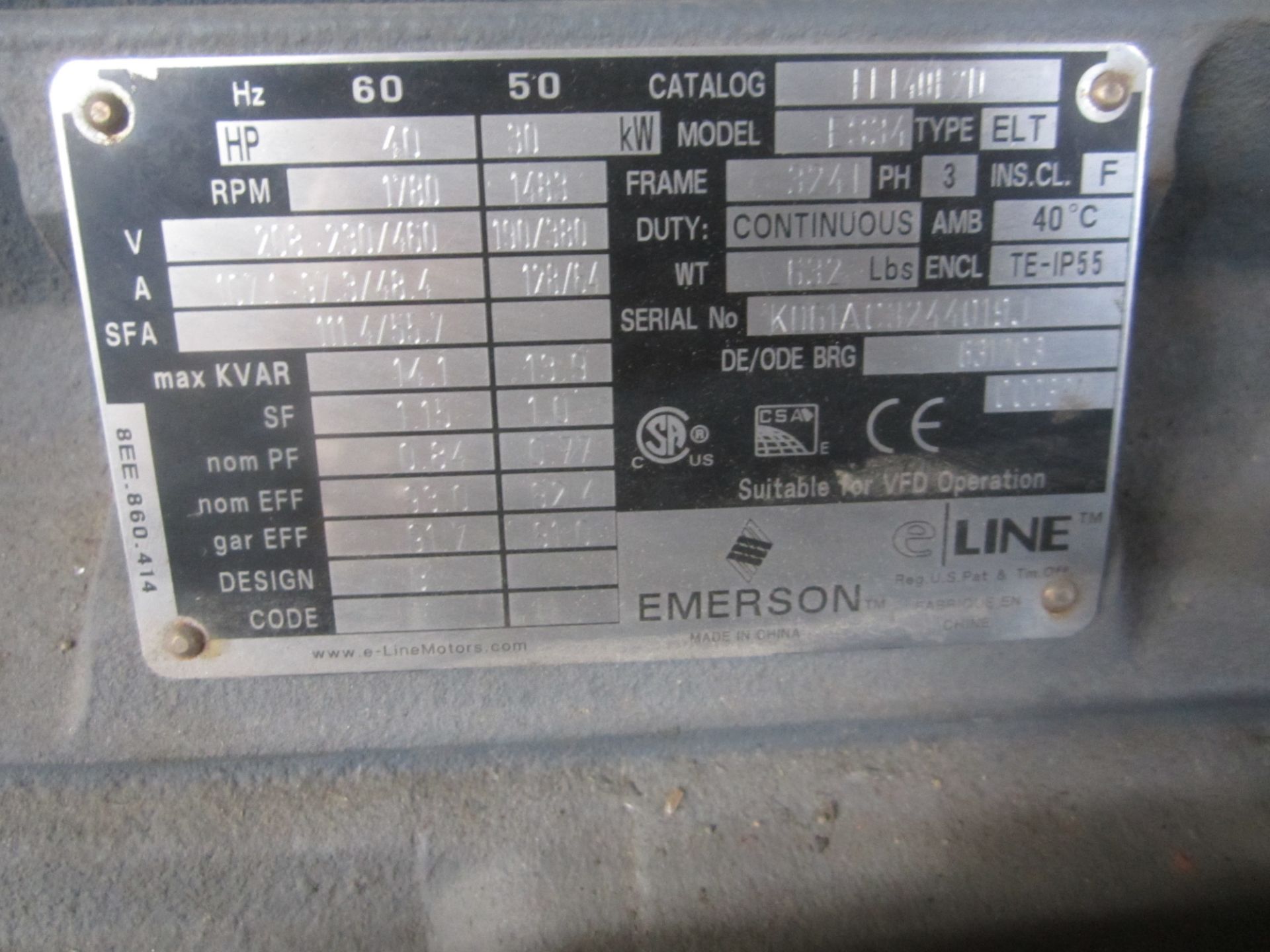 (2) Emerson 40 HP Electric Motors, 1,780 RPM, 208/230/460/3, and (1) WEG 7.5 HP Motor, 3,535 RPM,