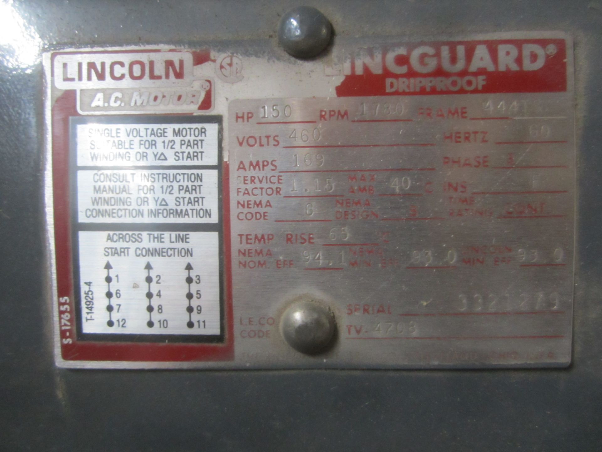 Lincoln Electric AC Motor, 150 HP, 1,780 RPM, 444TS Frame, 460/3 - Image 4 of 4