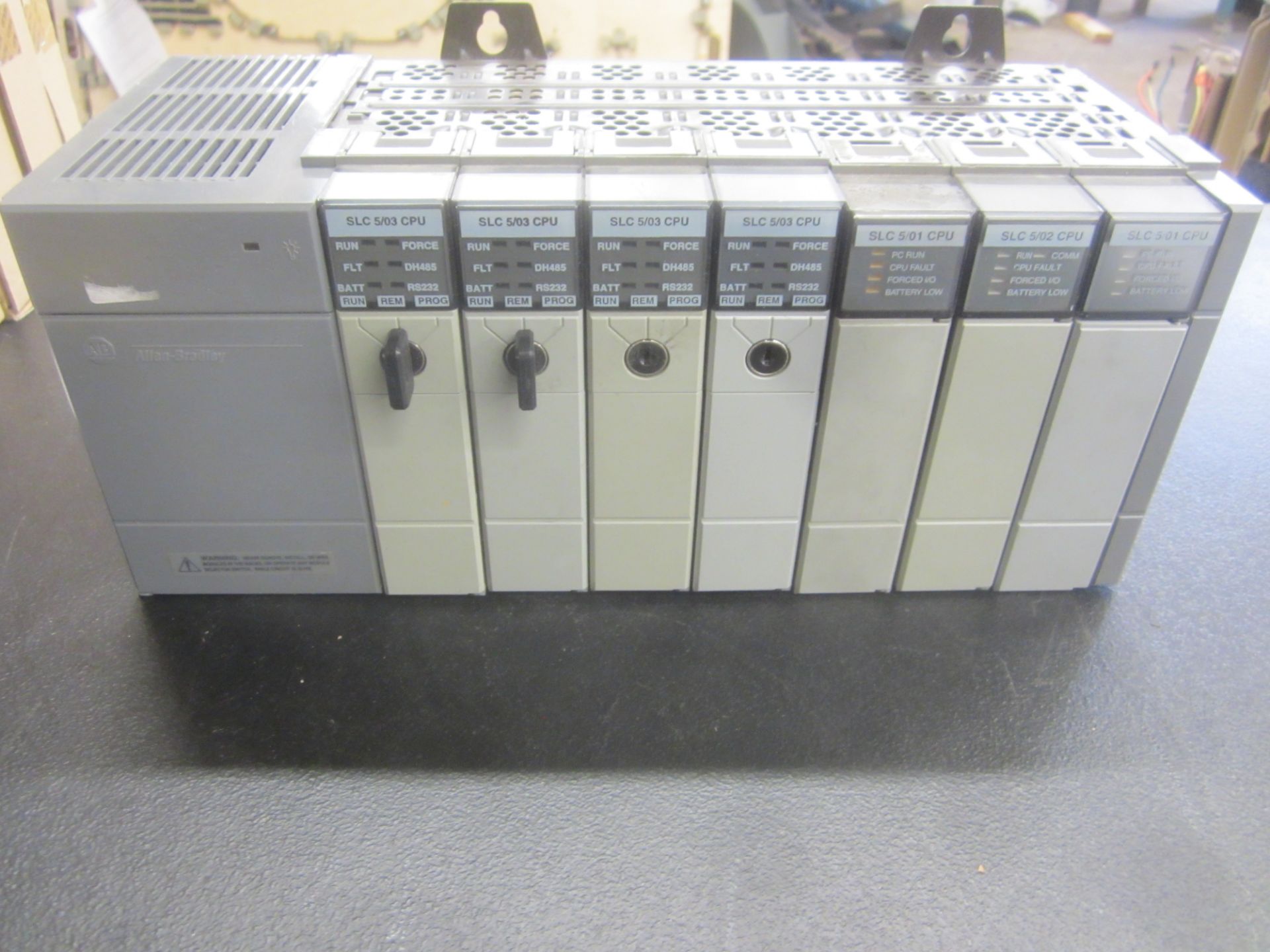Allen Bradley SLC500 7-Slot Rack Model 1746-A7, with (4) SLC5/03 CPU's, (2) SLC 5/0i CPU's, and (