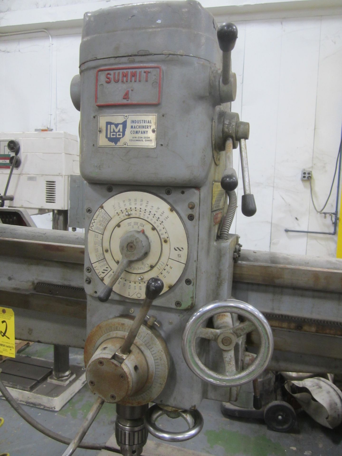 Summit 4' X 9" Radial Arm Drill, s/n 1242, 18" X 21" Box Table, Coolant, Power Elevatioin, 3 HP - Image 3 of 9