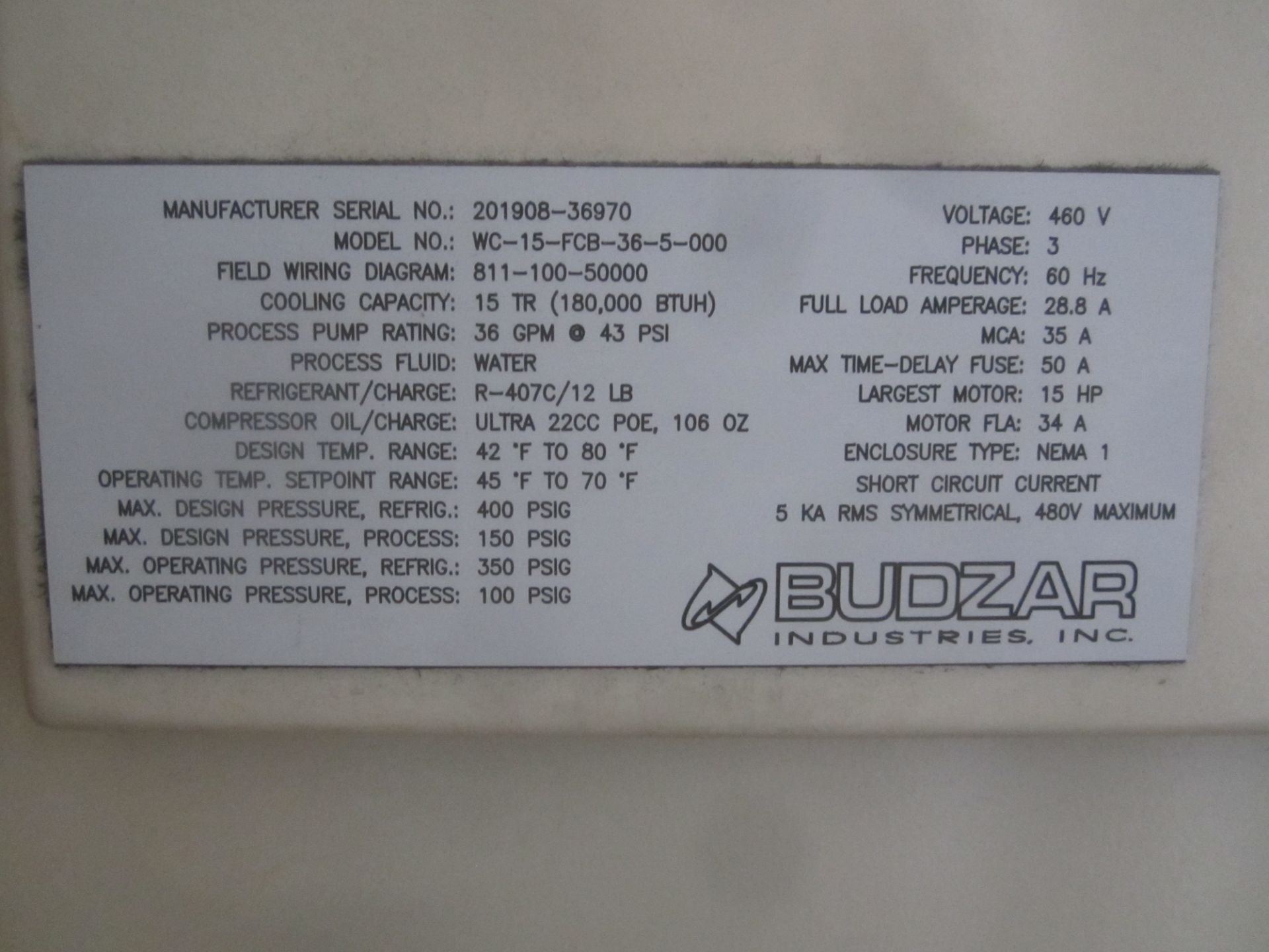 Budzar Model WC-15-FCB-36-5-000 Water Cooled Portable Chiller, s/n 201908-36970, 460/3/60 - Image 4 of 4