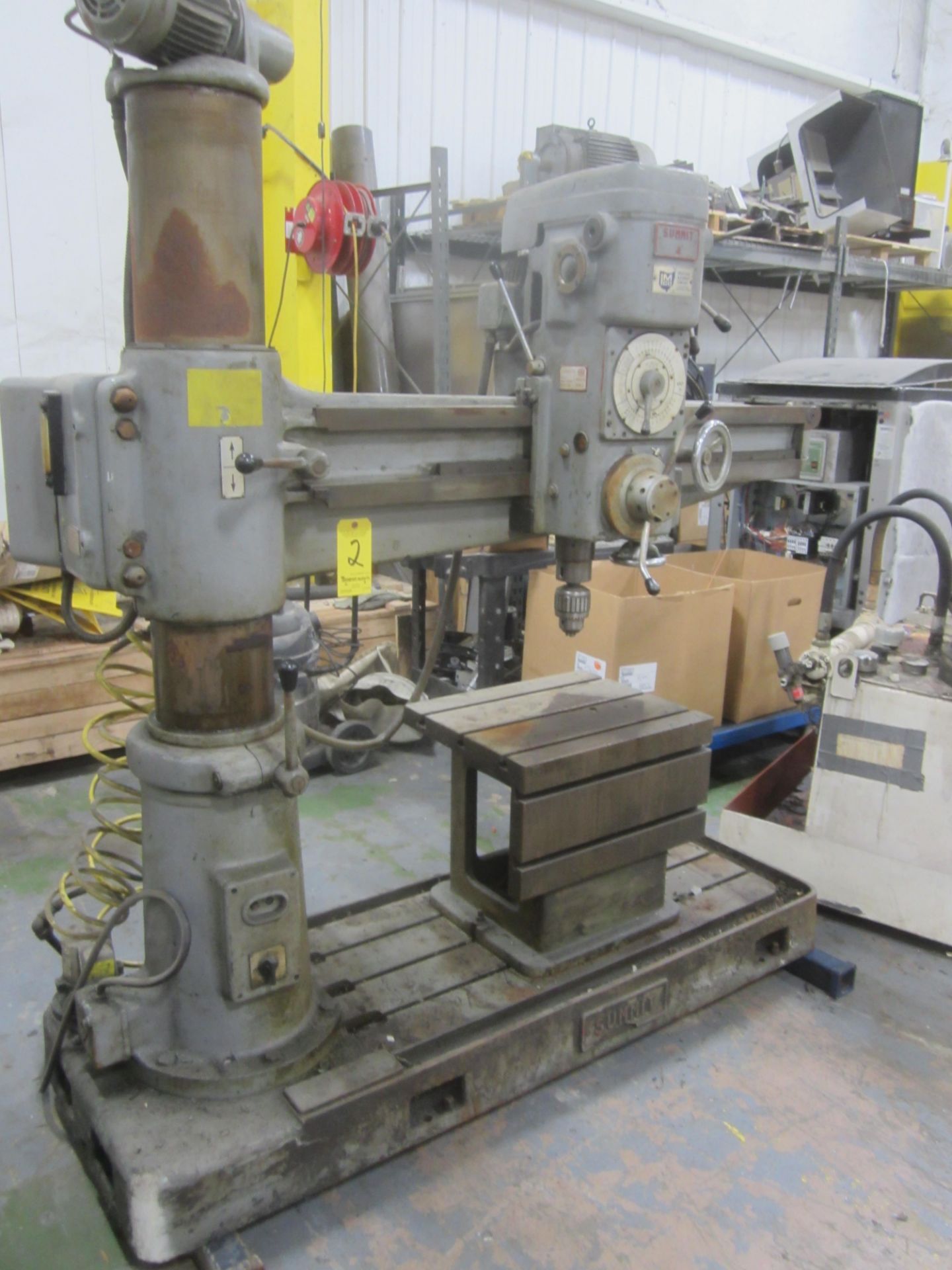 Summit 4' X 9" Radial Arm Drill, s/n 1242, 18" X 21" Box Table, Coolant, Power Elevatioin, 3 HP - Image 2 of 9