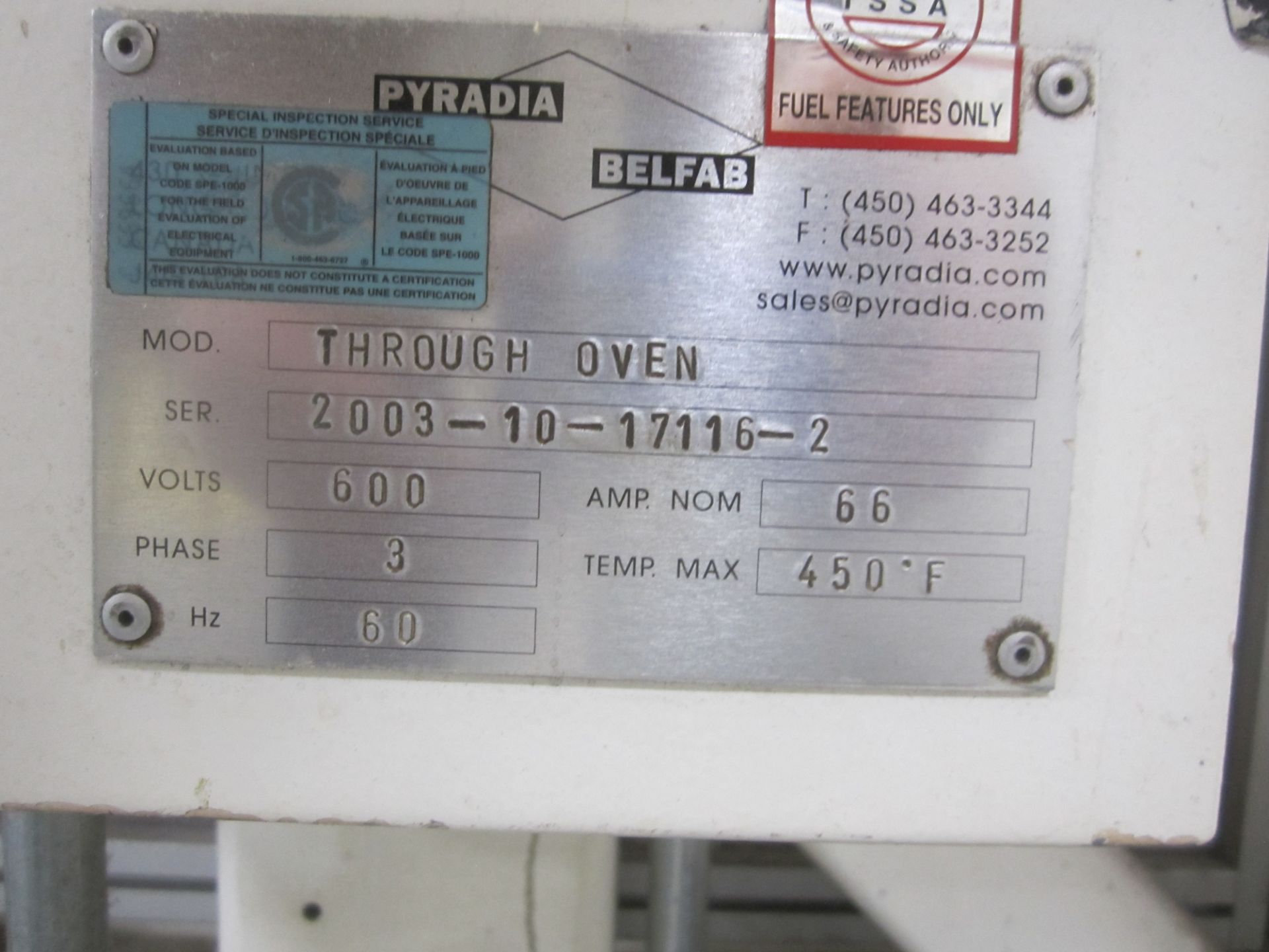 PYRADIA/BELFAB Through Feed Oven, s/n 2003-10-17116-2, 450 Degree Max. Temperature, 600 Volt, 3 - Image 10 of 10