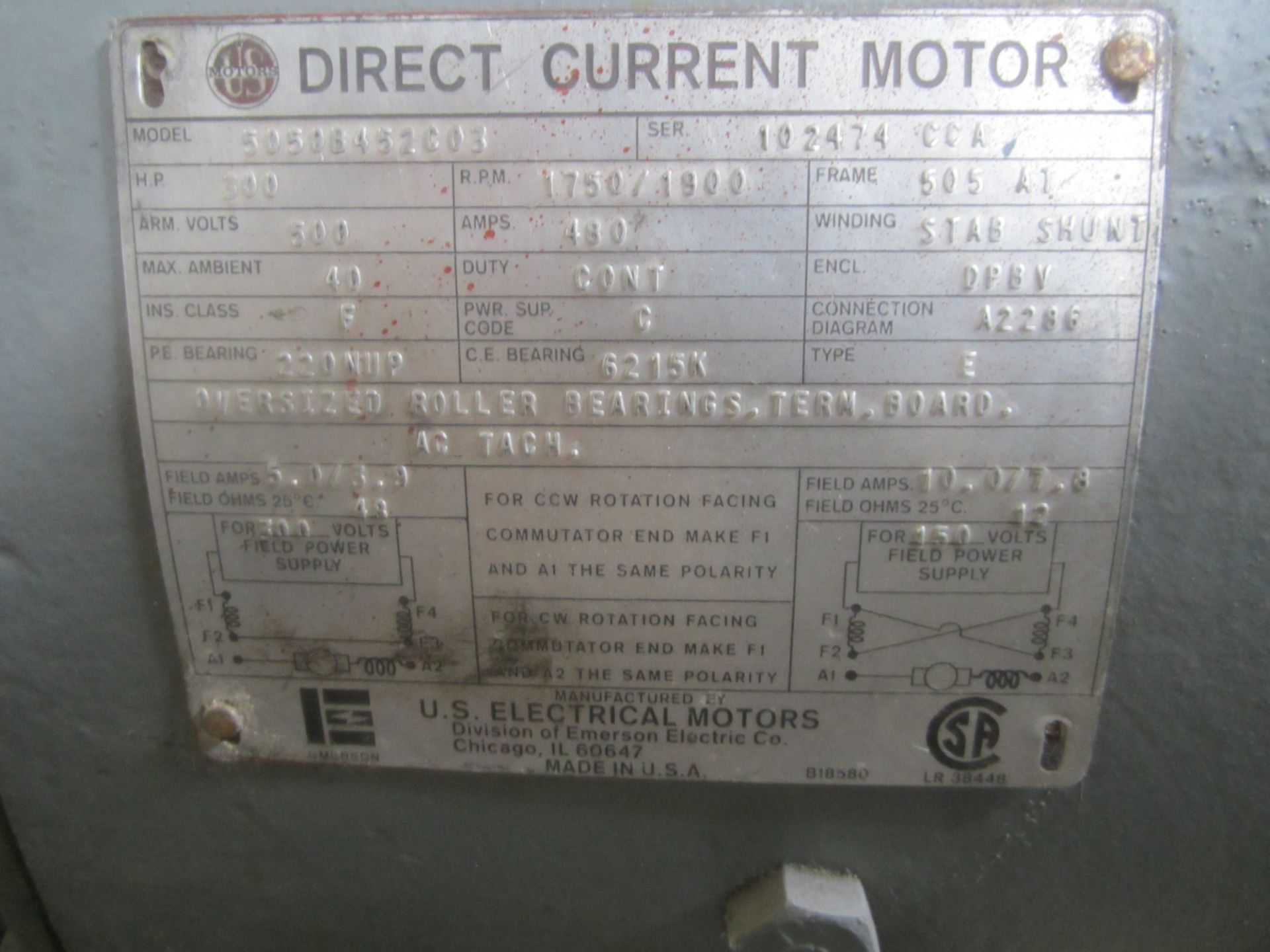 US Electric DC Motor, 300 HP, 1,750 RPM, 5050AT Frame, Note Says Needs Repaired - Image 4 of 4