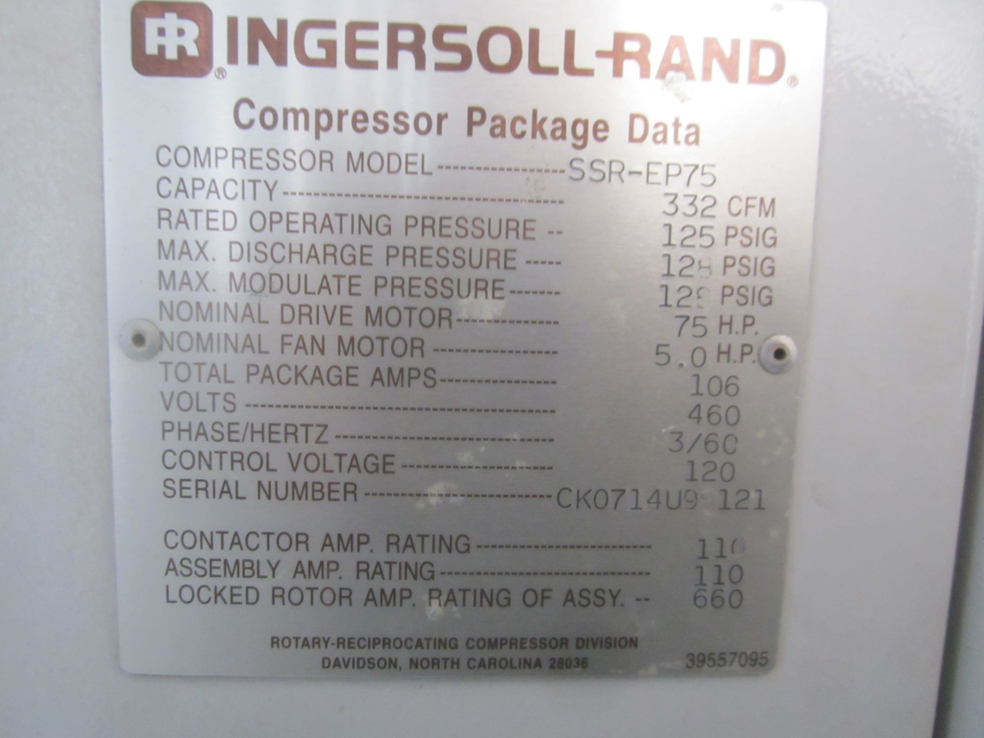 Ingersoll Rand Model SSR-EP75 Rotary Screw Air Compressor, s/n CK0714U98121, 75 HP, 460/3/60 - Image 5 of 5