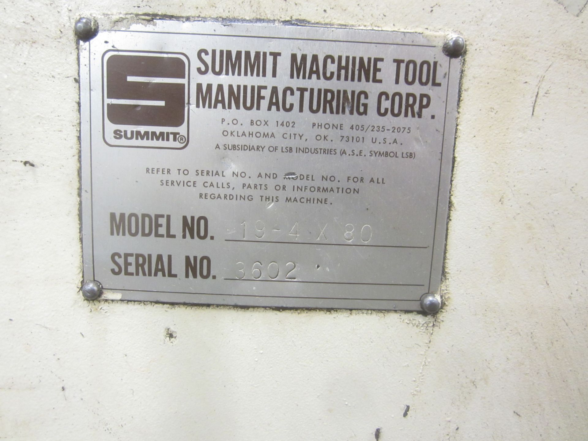 Summit Model 19-4 X 80 Toolroom Lathe, s/n 3602, 19" X 80" Capacity, 4" Spindle Hole, Inch/Metric, - Image 10 of 10